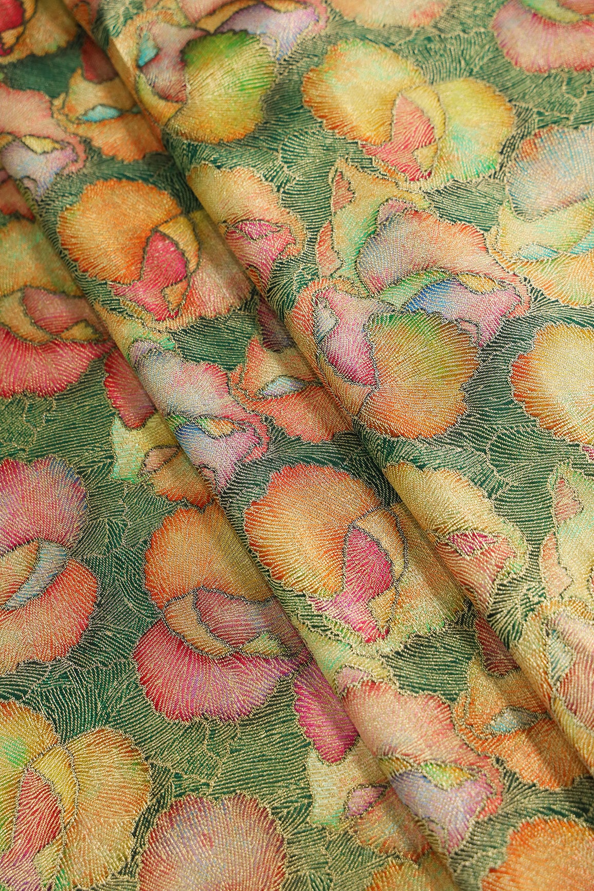 Positional Print On Bottle Green Viscose Dola Silk Jacquard Fabric