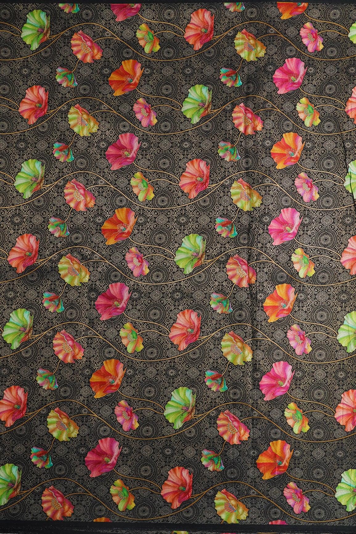 Positional Print On Black Viscose Dola Silk Jacquard Fabric