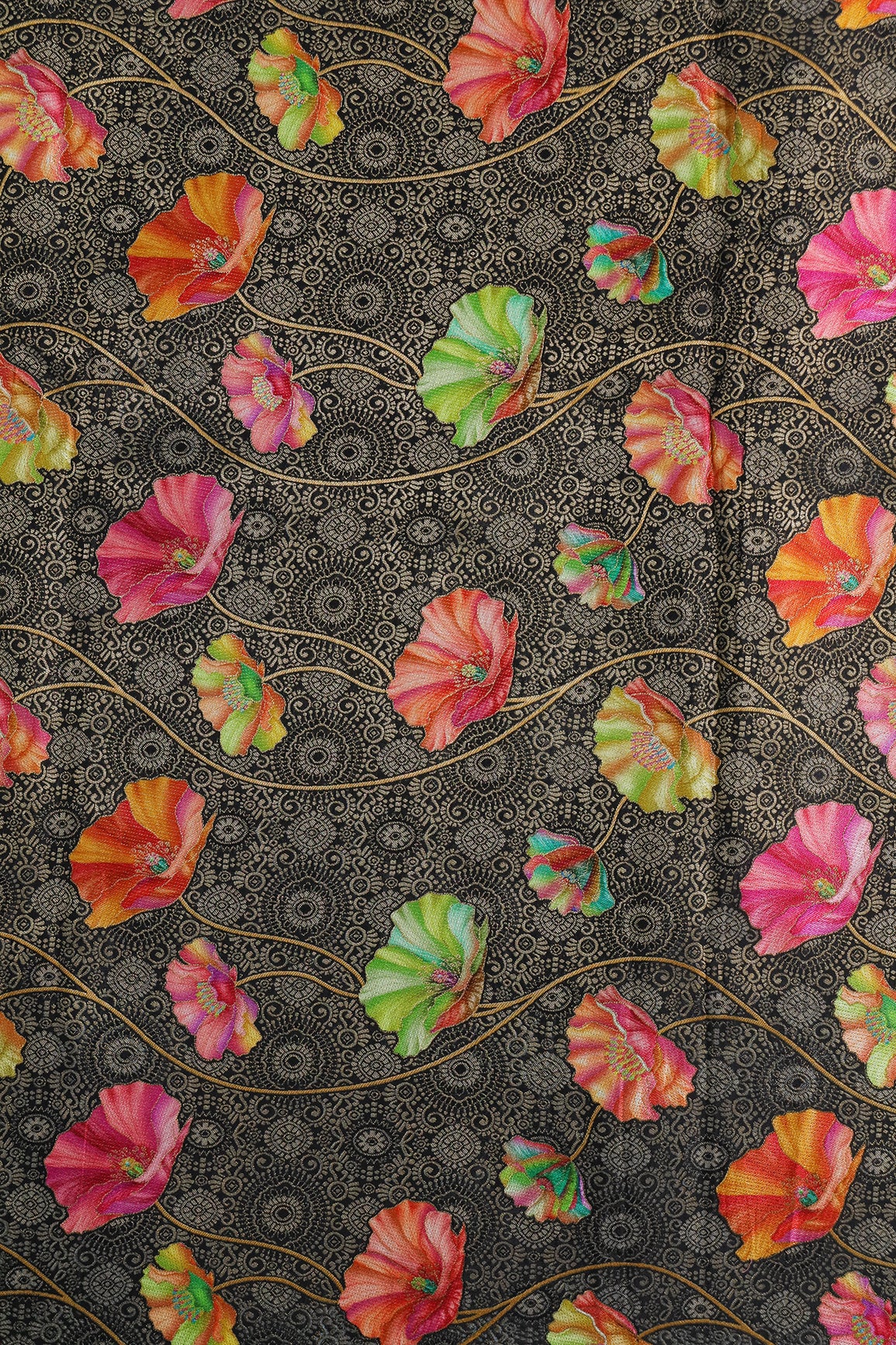 Positional Print On Black Viscose Dola Silk Jacquard Fabric