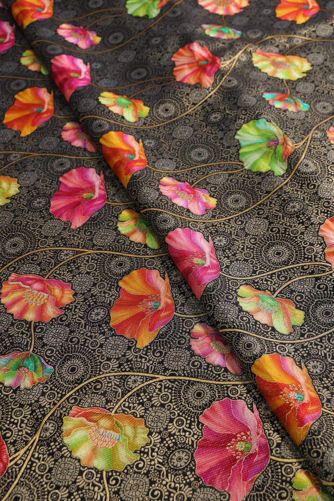 Positional Print On Black Viscose Dola Silk Jacquard Fabric