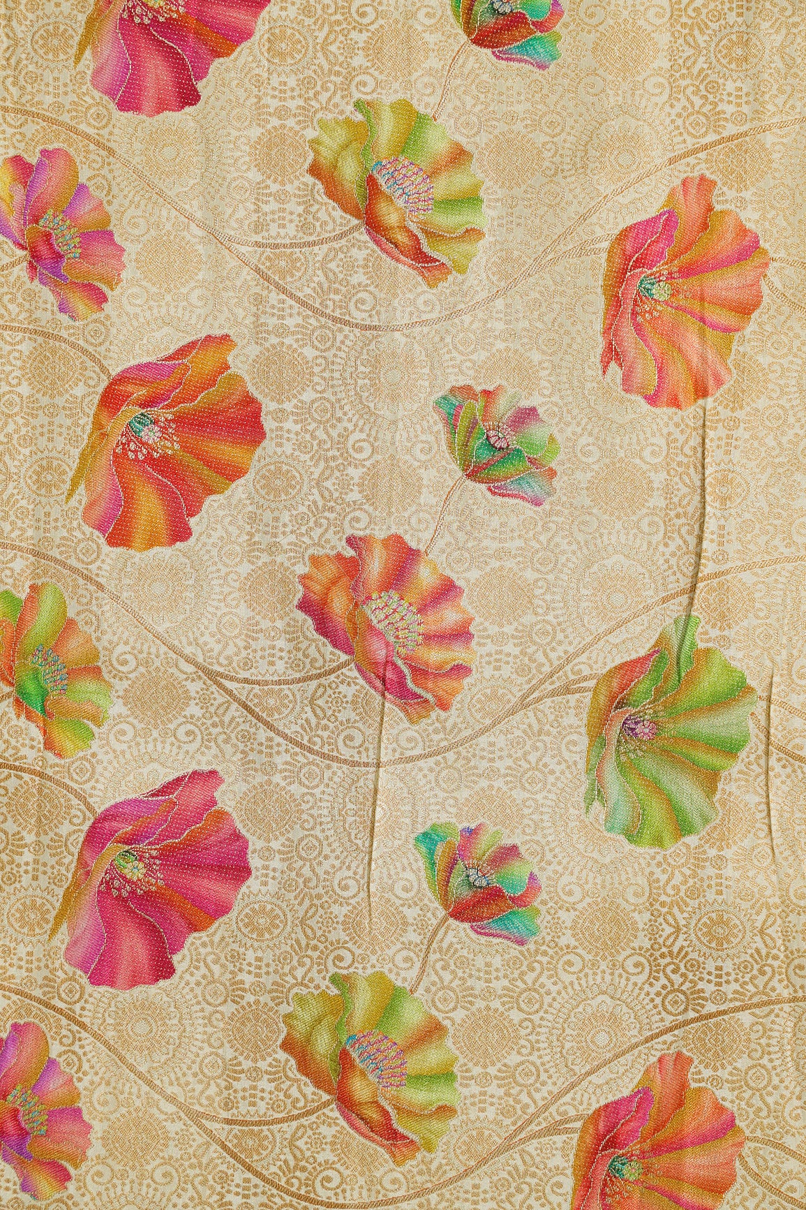 Positional Print On Beige Viscose Dola Silk Jacquard Fabric