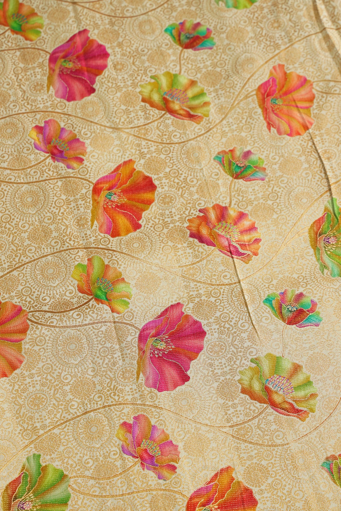 Positional Print On Beige Viscose Dola Silk Jacquard Fabric
