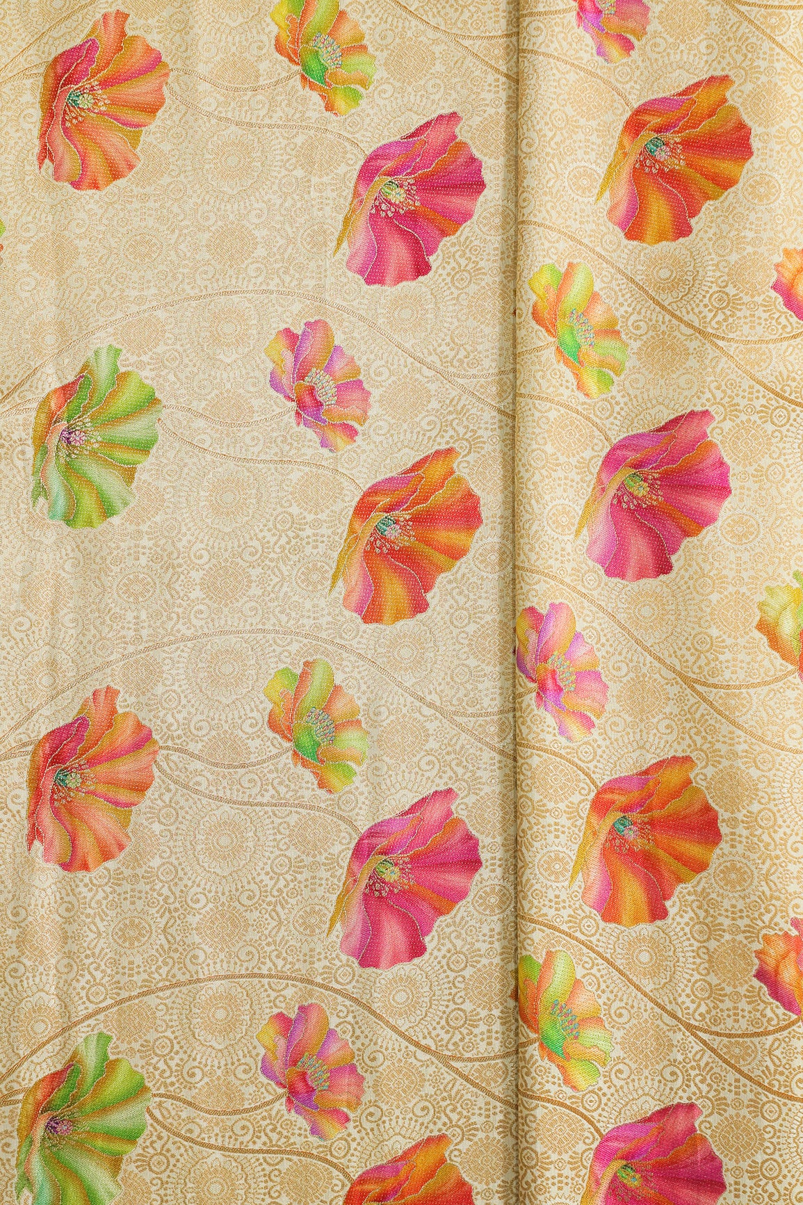 Positional Print On Beige Viscose Dola Silk Jacquard Fabric
