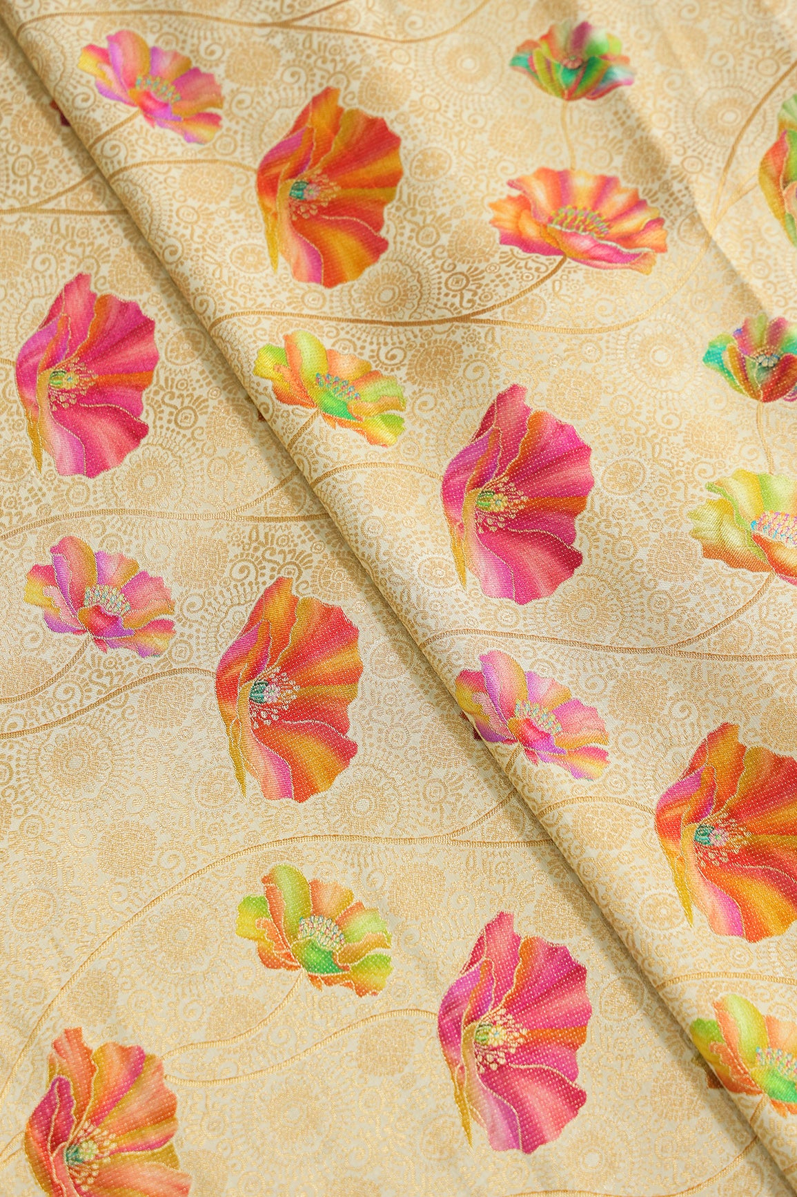 Positional Print On Beige Viscose Dola Silk Jacquard Fabric