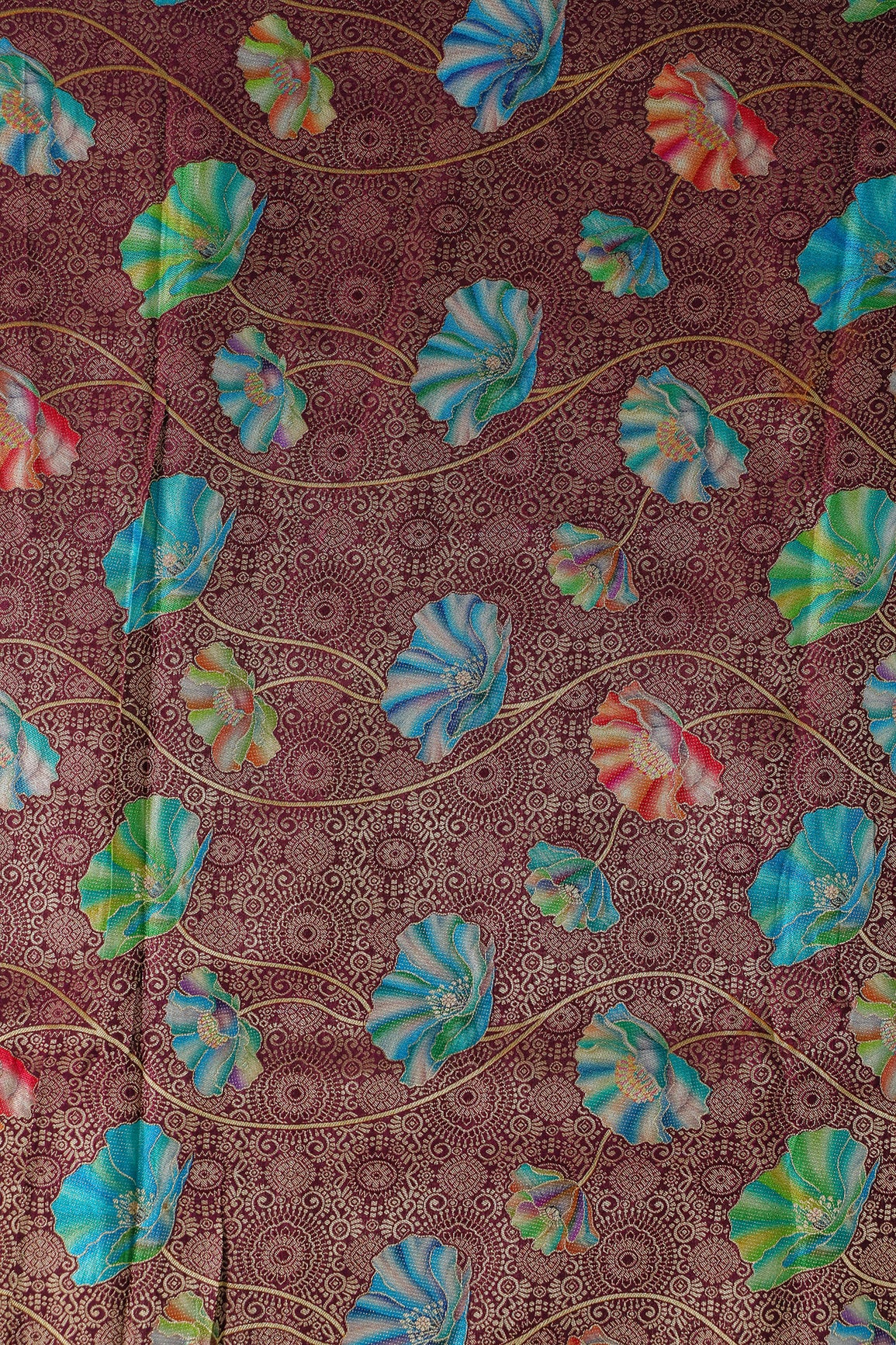 Positional Print On Wine Viscose Dola Silk Jacquard Fabric
