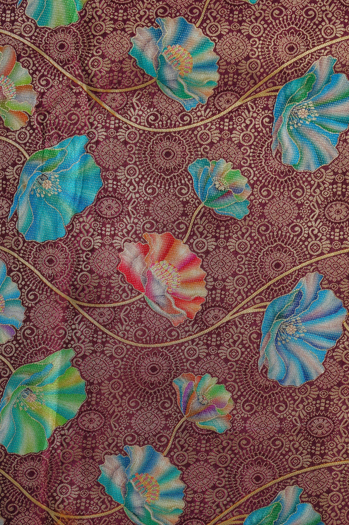 Positional Print On Wine Viscose Dola Silk Jacquard Fabric