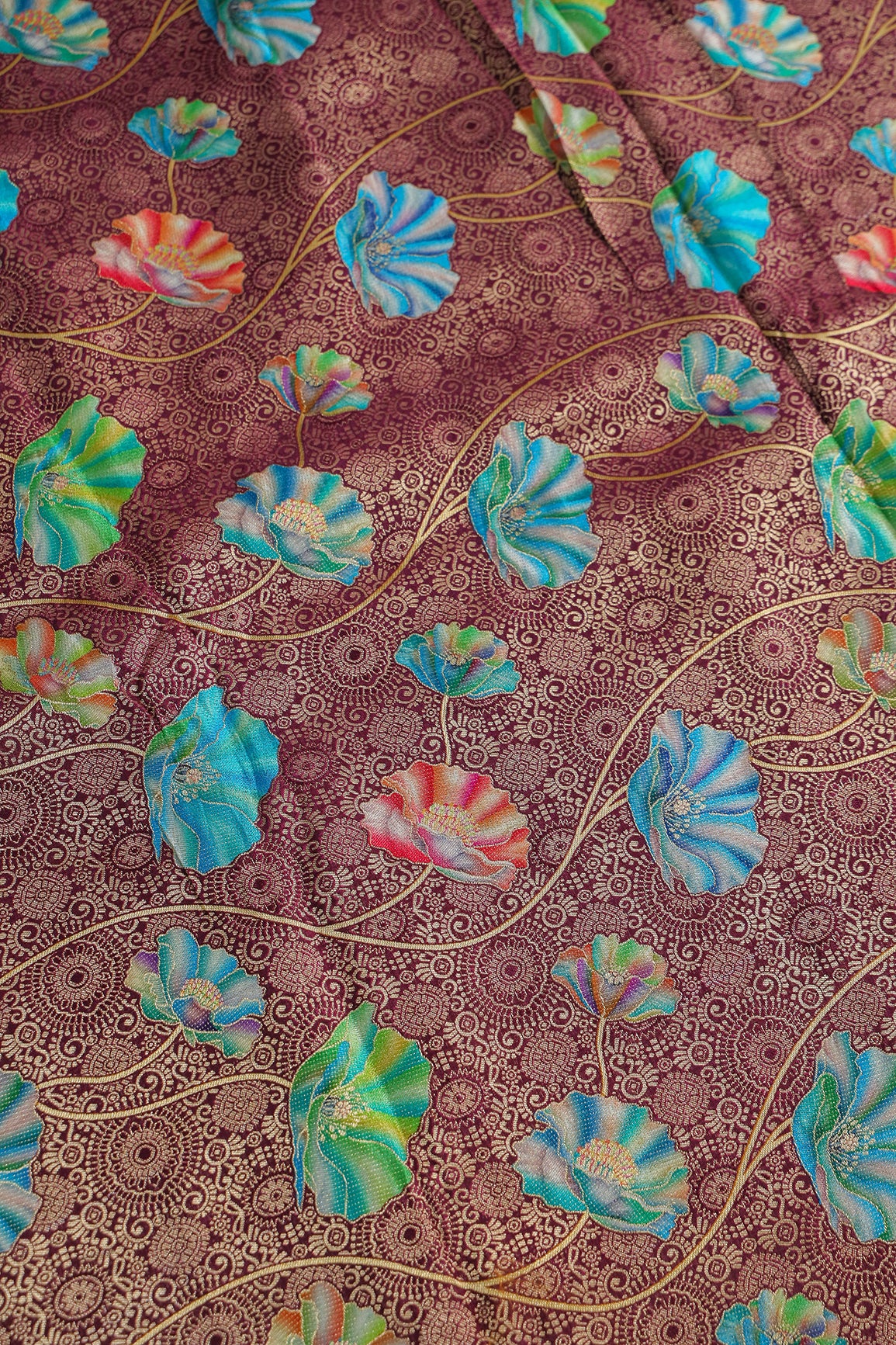Positional Print On Wine Viscose Dola Silk Jacquard Fabric