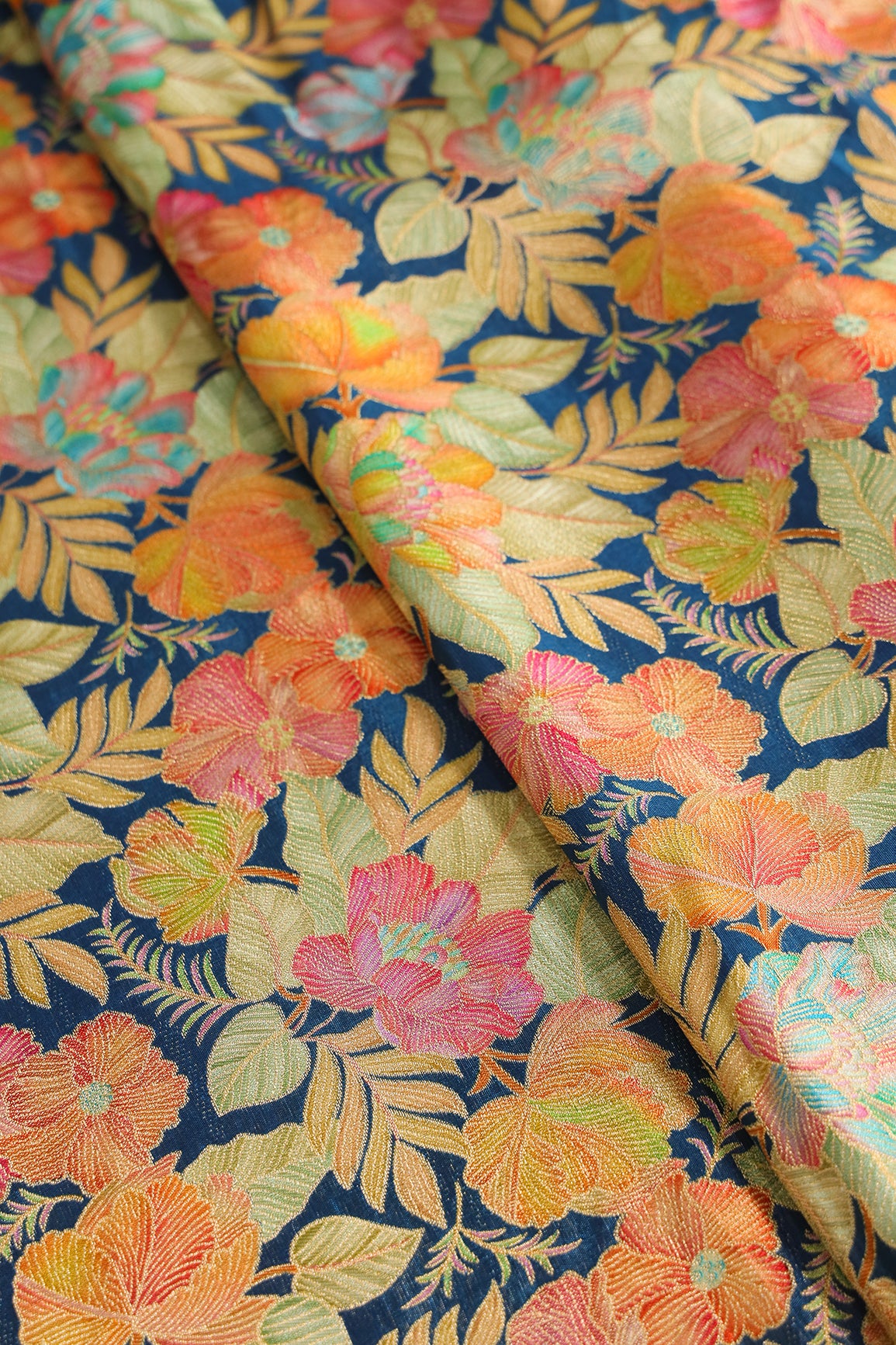 Positional Floral Print On Rama Viscose Dola Silk Jacquard Fabric