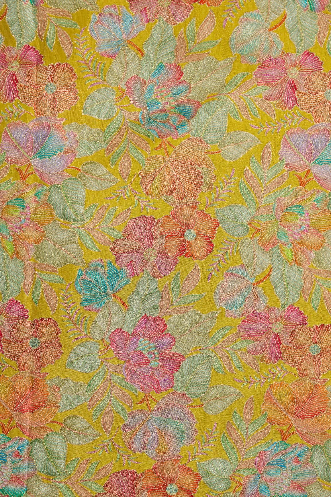 Positional Floral Print On Yellow Viscose Dola Silk Jacquard Fabric