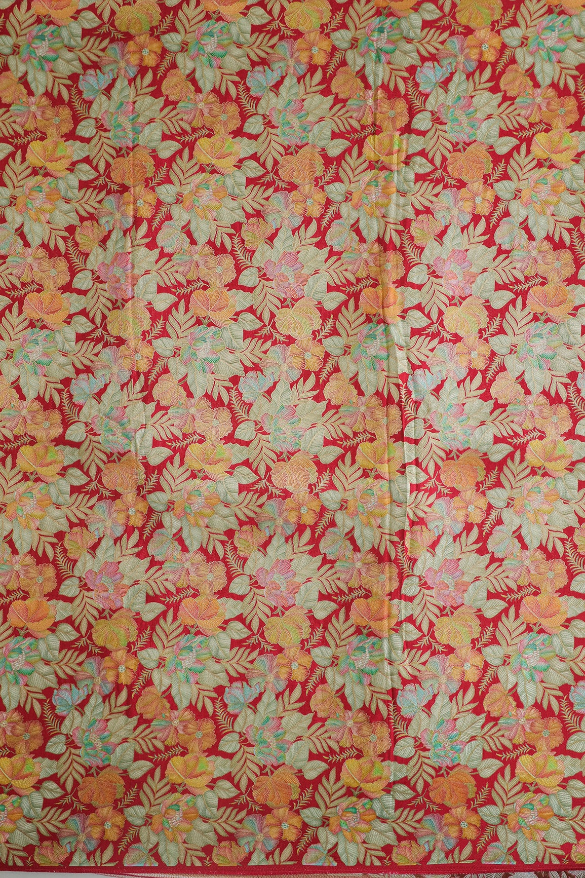 Positional Floral Print On Red Viscose Dola Silk Jacquard Fabric