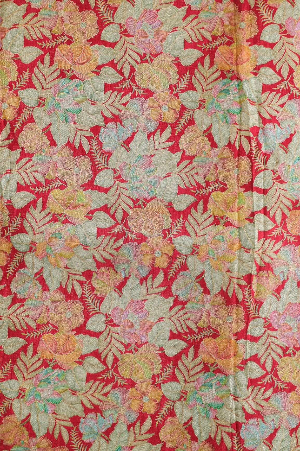 Positional Floral Print On Red Viscose Dola Silk Jacquard Fabric