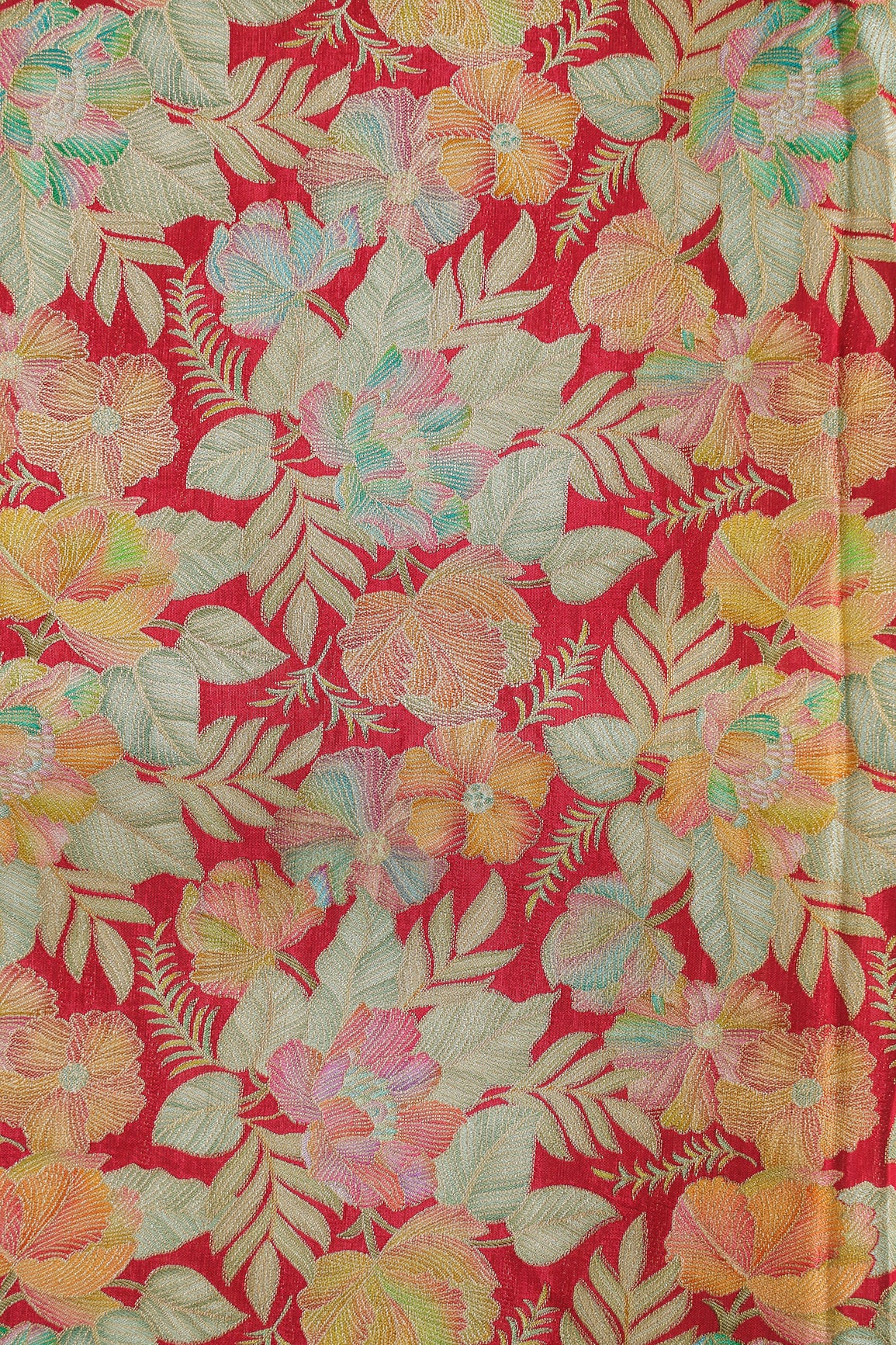 Positional Floral Print On Red Viscose Dola Silk Jacquard Fabric