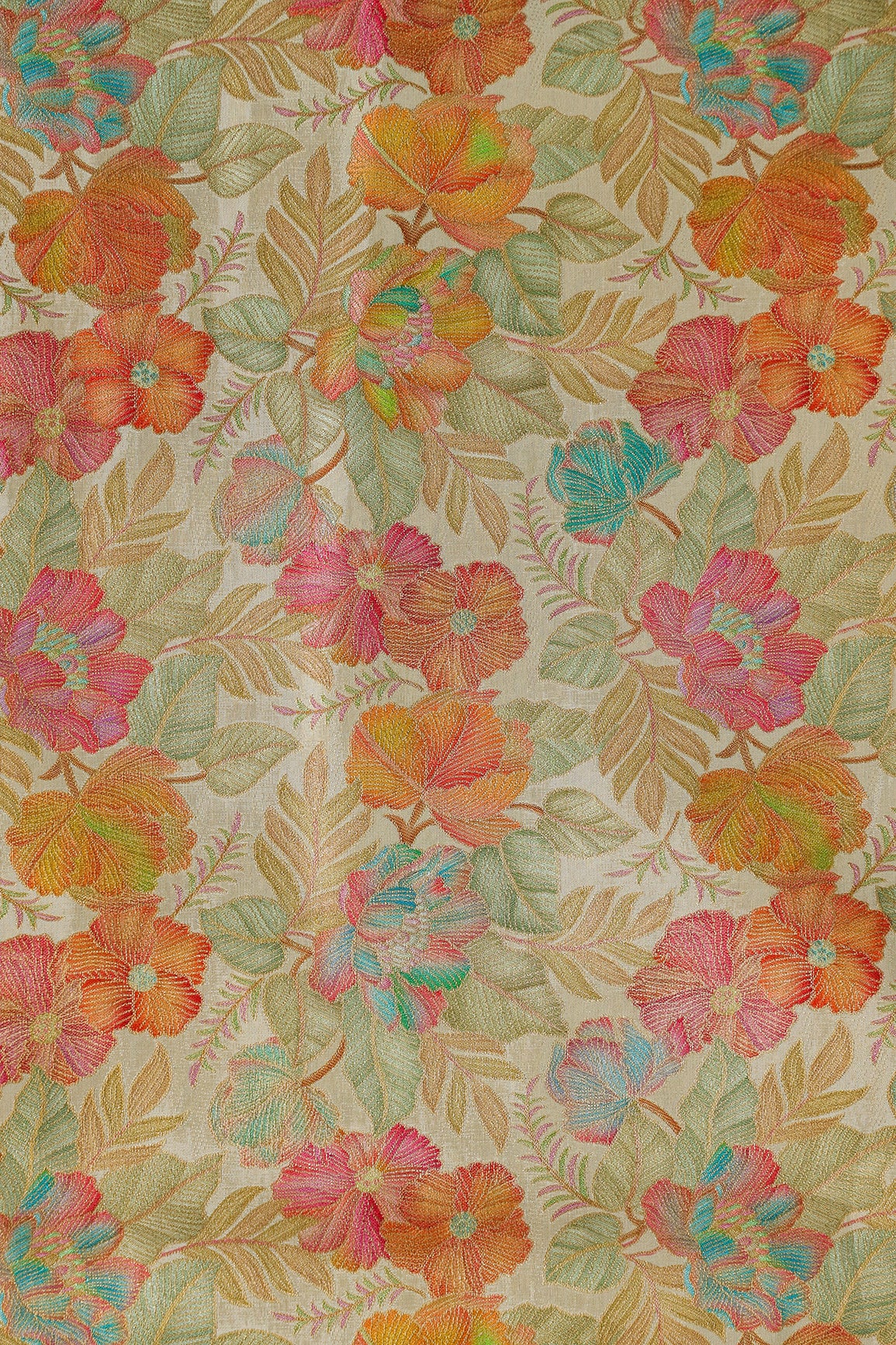 Positional Floral Print On Beige Viscose Dola Silk Jacquard Fabric