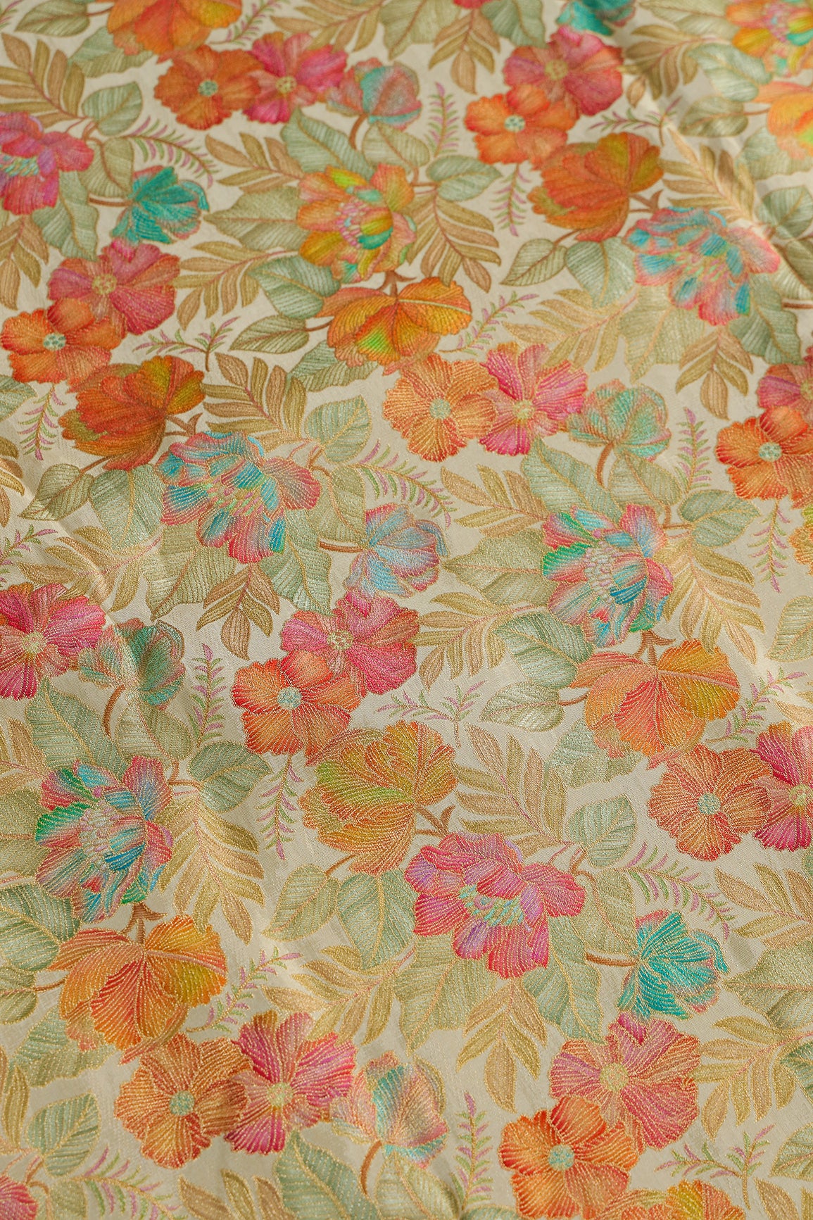 Positional Floral Print On Beige Viscose Dola Silk Jacquard Fabric