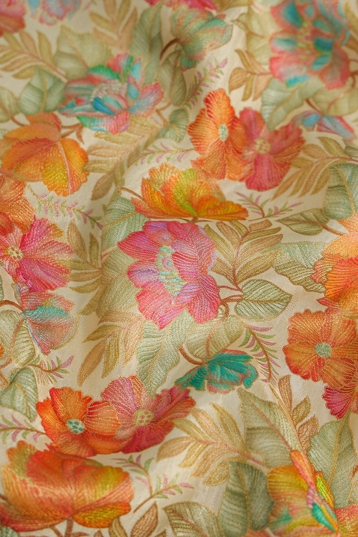 Positional Floral Print On Beige Viscose Dola Silk Jacquard Fabric