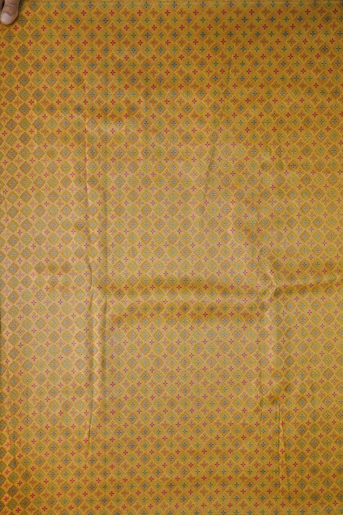 Positional Print On Golden Lemon Viscose kanjivaram Silk Jacquard Fabric