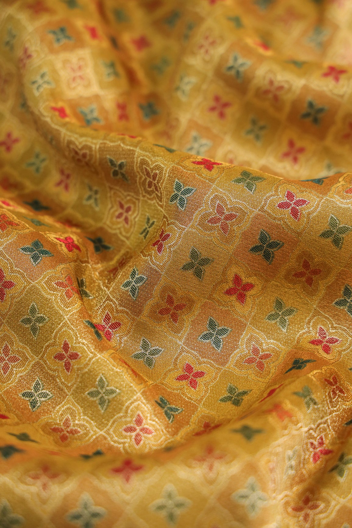 Positional Print On Golden Lemon Viscose kanjivaram Silk Jacquard Fabric
