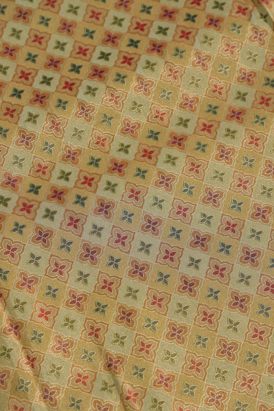Positional Print On Beige Viscose kanjivaram Silk Jacquard Fabric