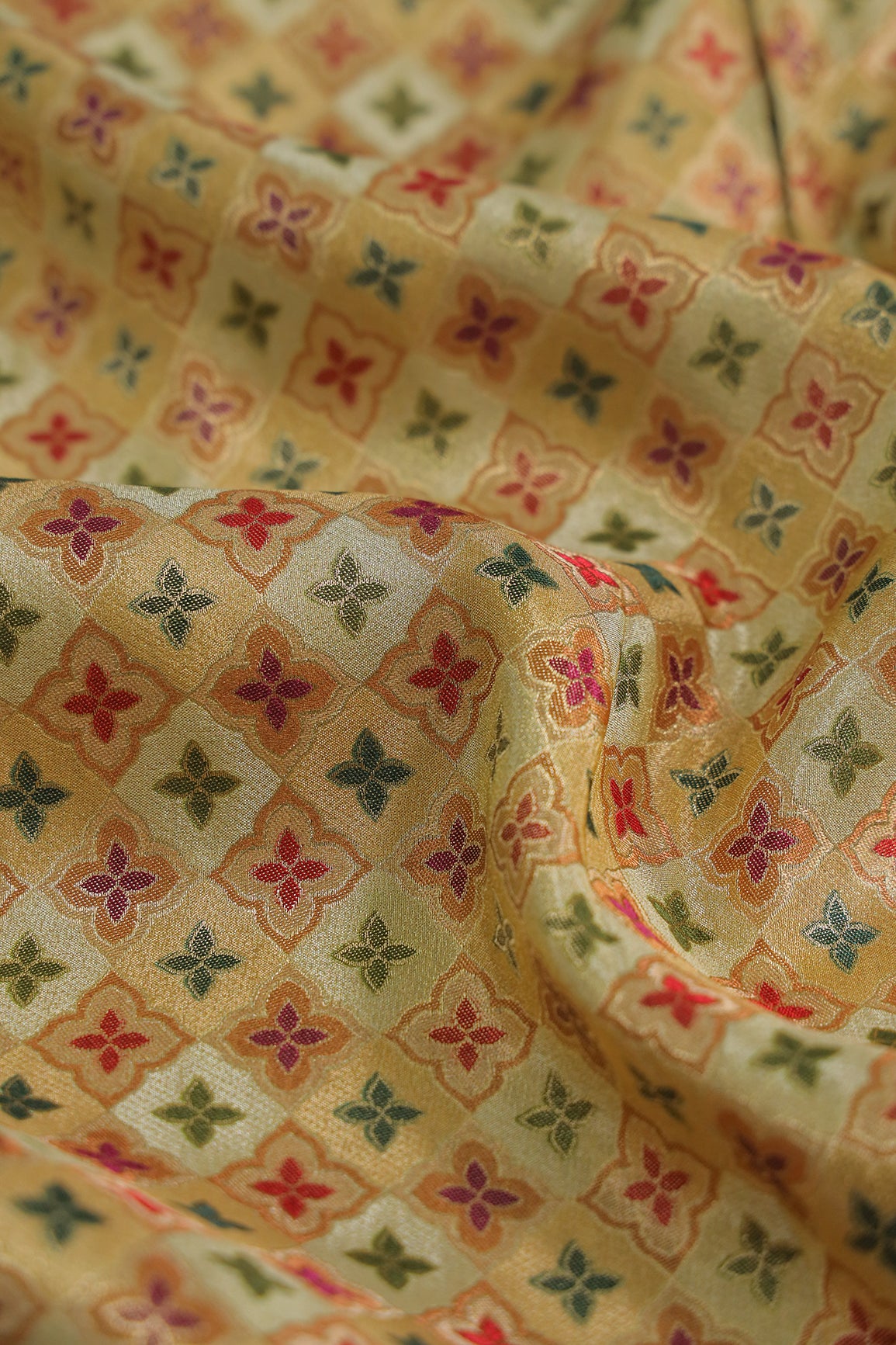 Positional Print On Beige Viscose kanjivaram Silk Jacquard Fabric