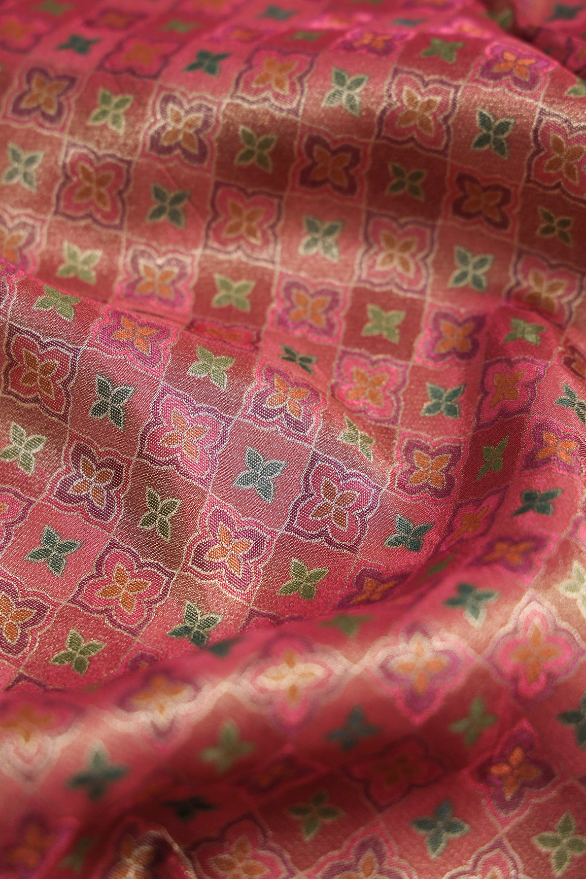 Positional Print On Red And Pink Viscose kanjivaram Silk Jacquard Fabric