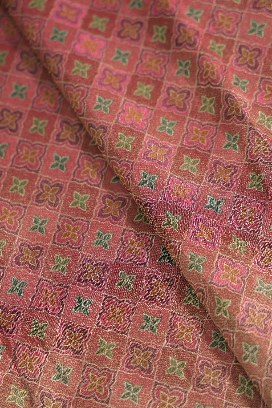 Positional Print On Red And Pink Viscose kanjivaram Silk Jacquard Fabric