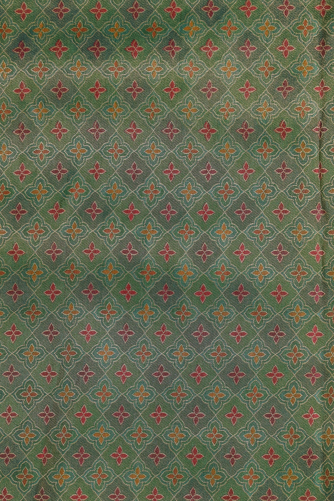 Positional Print On Green Viscose kanjivaram Silk Jacquard Fabric