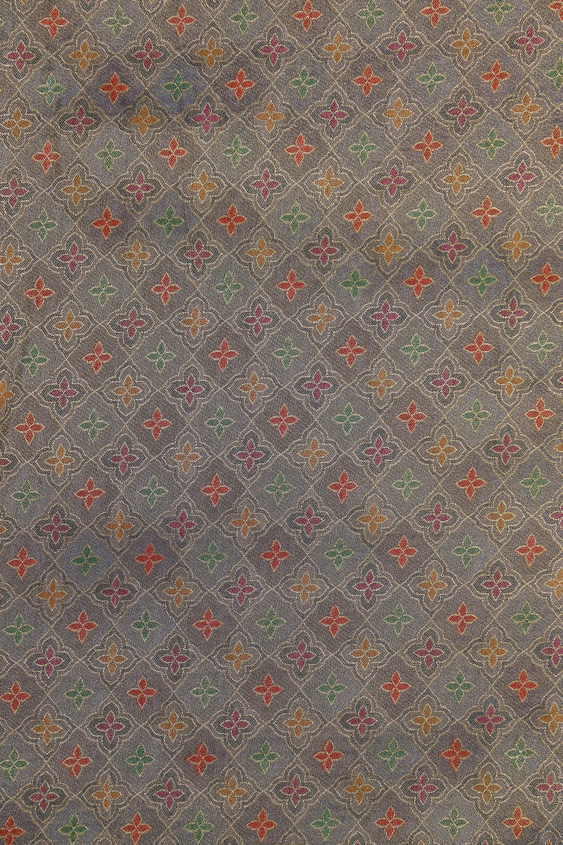 Positional Print On Grey Viscose kanjivaram Silk Jacquard Fabric