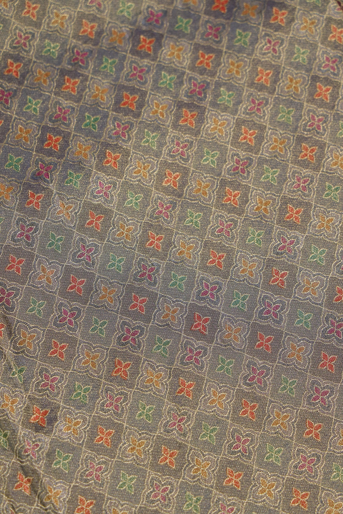 Positional Print On Grey Viscose kanjivaram Silk Jacquard Fabric