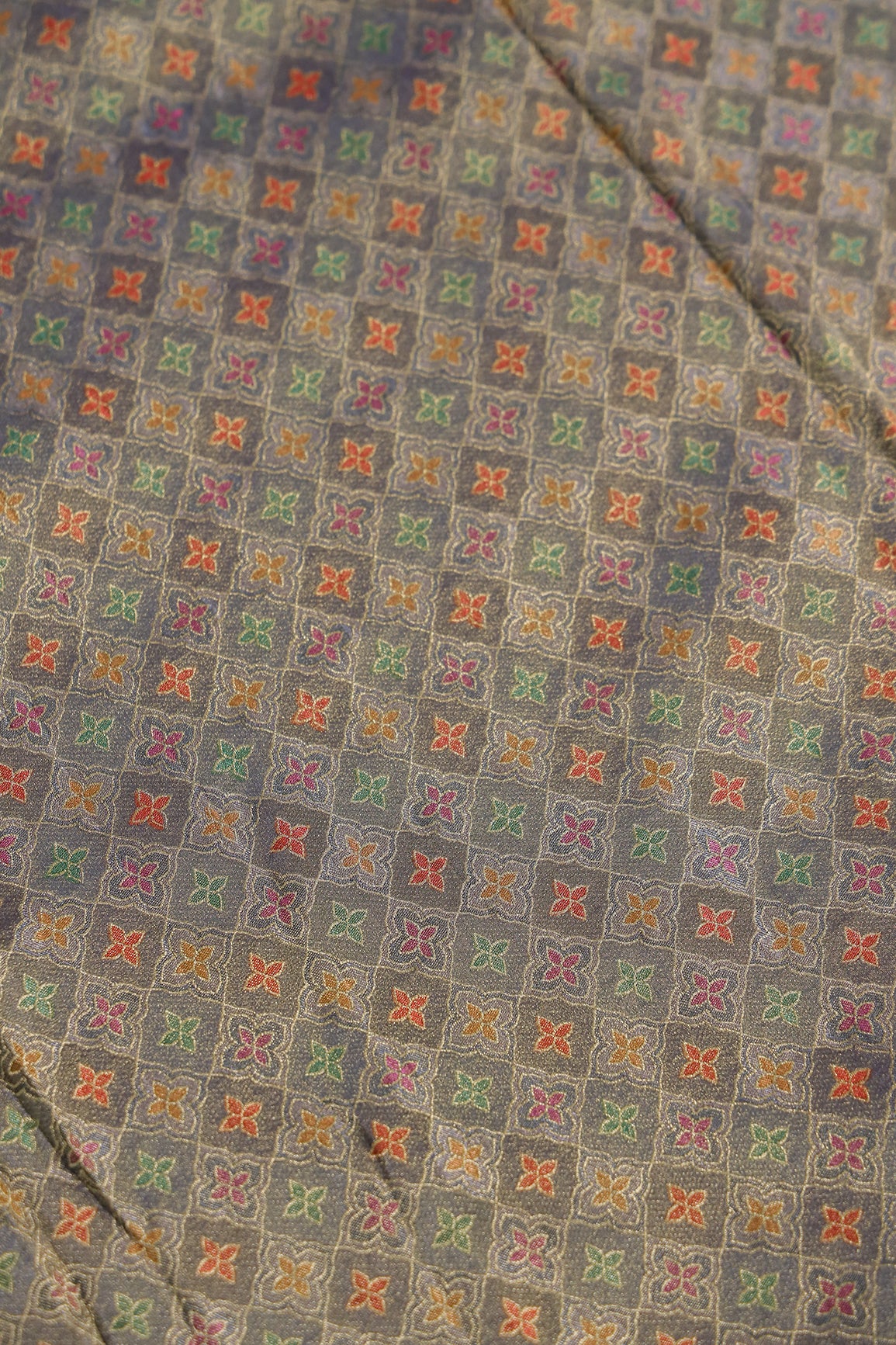 Positional Print On Grey Viscose kanjivaram Silk Jacquard Fabric