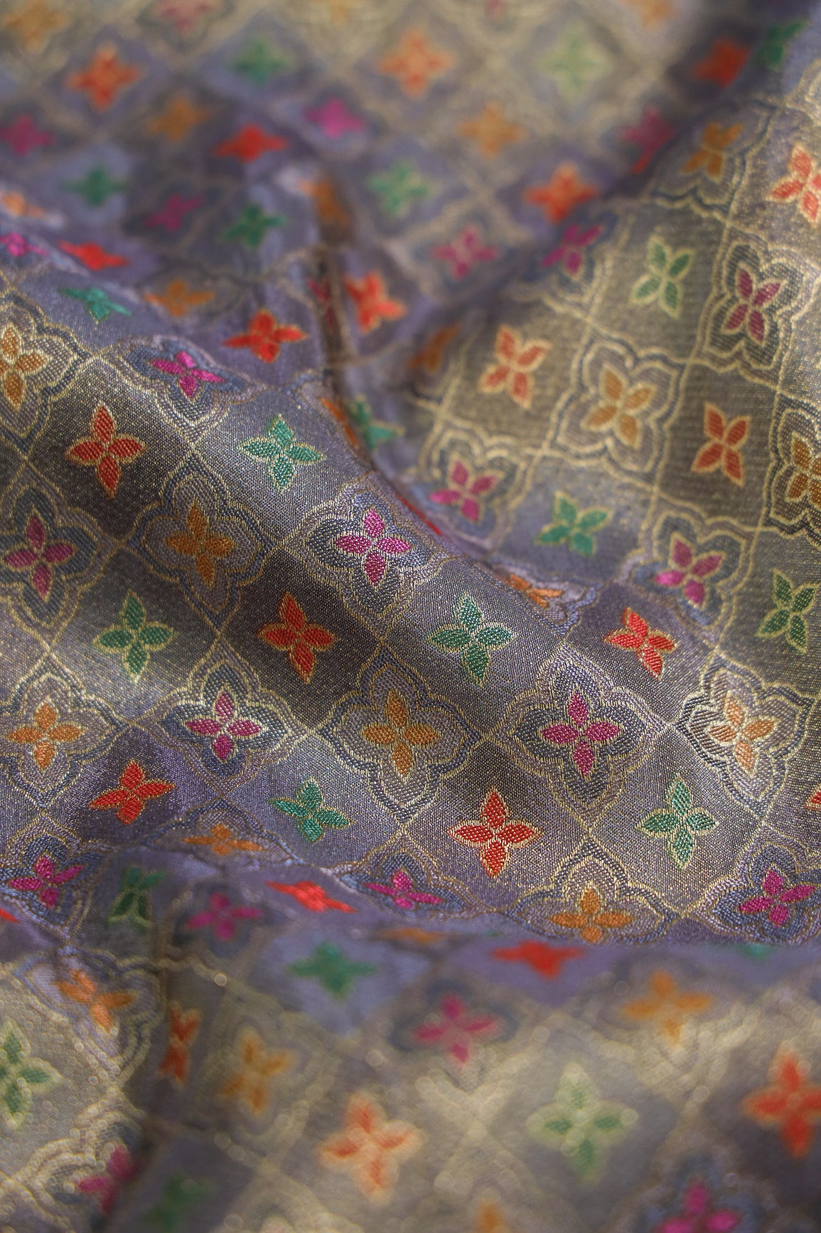 Positional Print On Grey Viscose kanjivaram Silk Jacquard Fabric