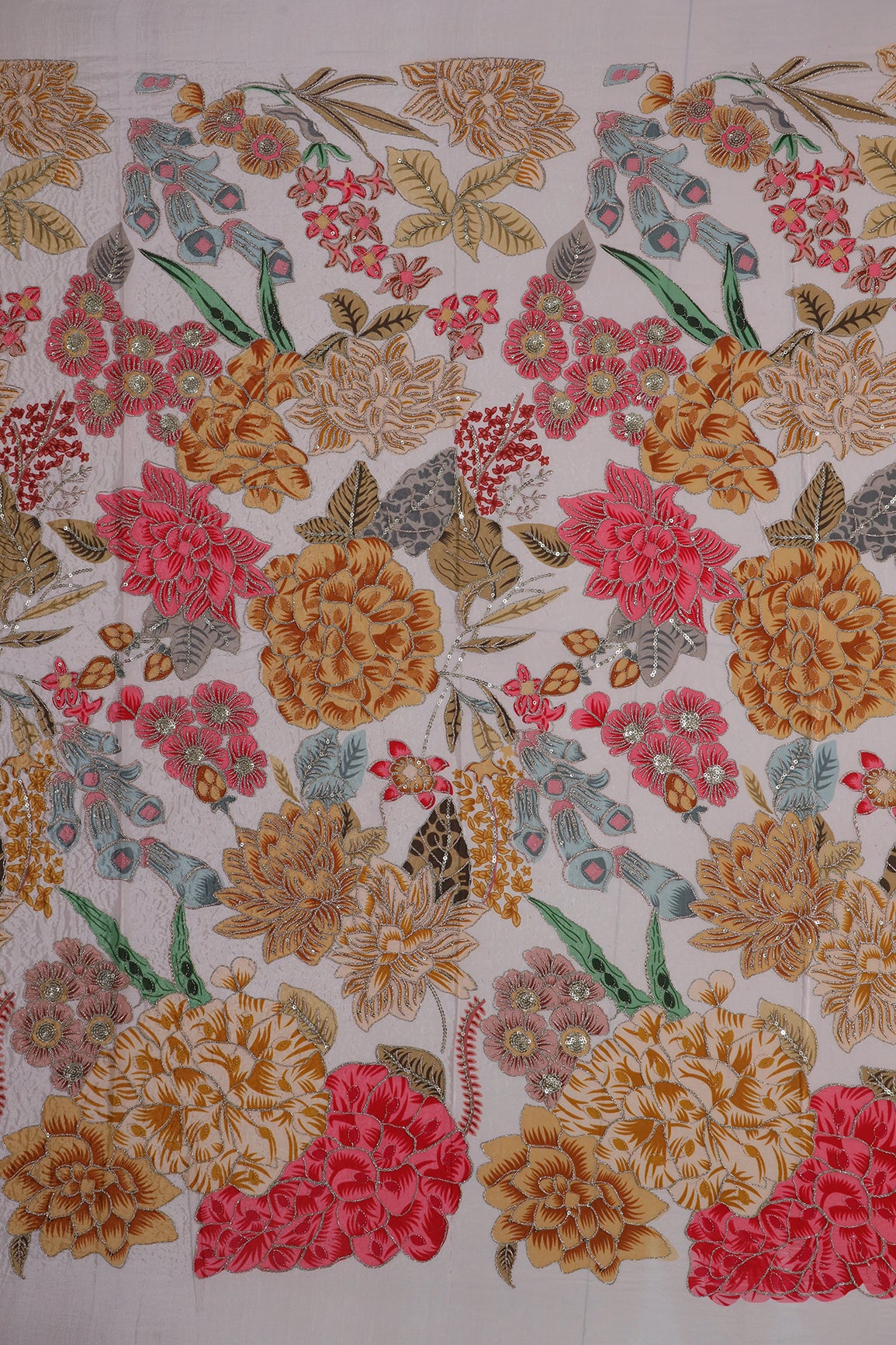 1 Meter Cut Piece Of Floral Position Print On Sequins With Zari Embroidery On Light  Pink Pure Crepe Fabric