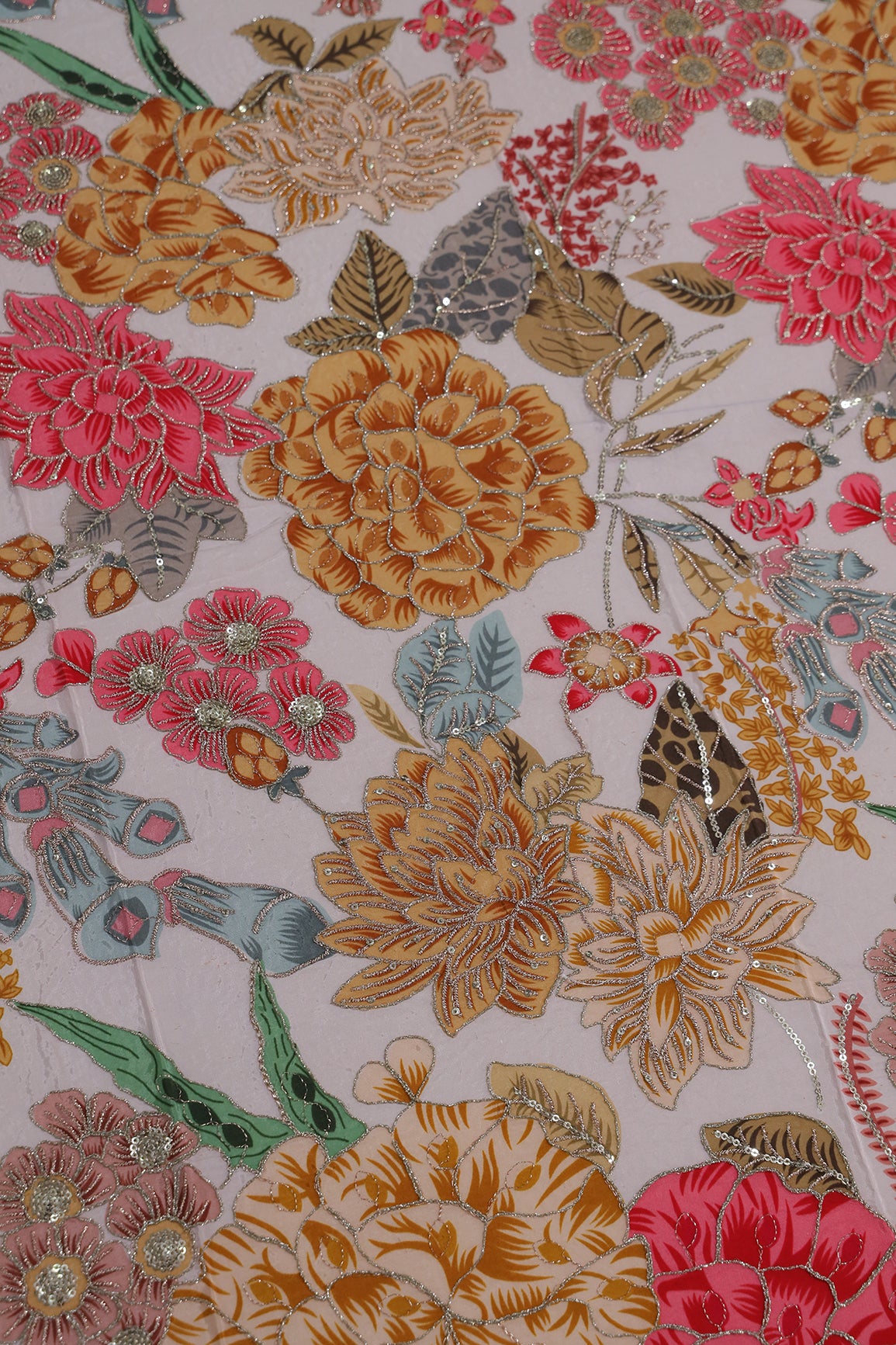 1 Meter Cut Piece Of Floral Position Print On Sequins With Zari Embroidery On Light  Pink Pure Crepe Fabric