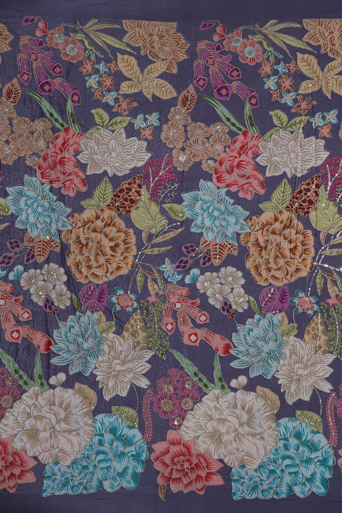 2 Meter Cut Piece Of Floral Position Print On Sequins With Zari Embroidery On Lilac Pure Crepe Fabric