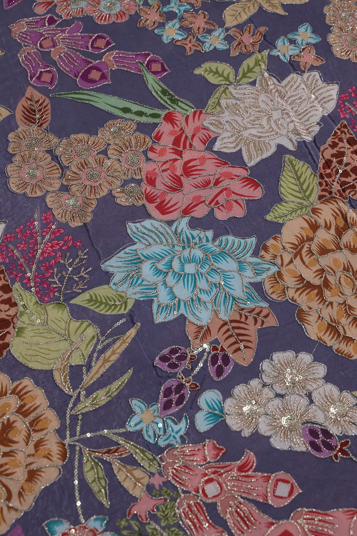 2 Meter Cut Piece Of Floral Position Print On Sequins With Zari Embroidery On Lilac Pure Crepe Fabric