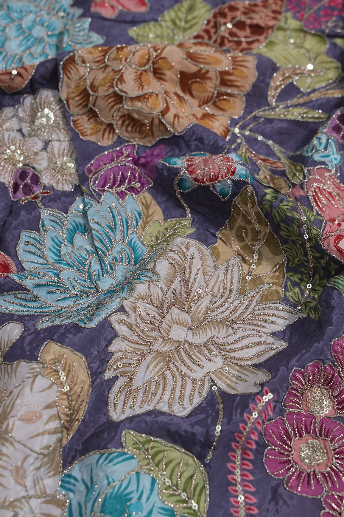 2 Meter Cut Piece Of Floral Position Print On Sequins With Zari Embroidery On Lilac Pure Crepe Fabric