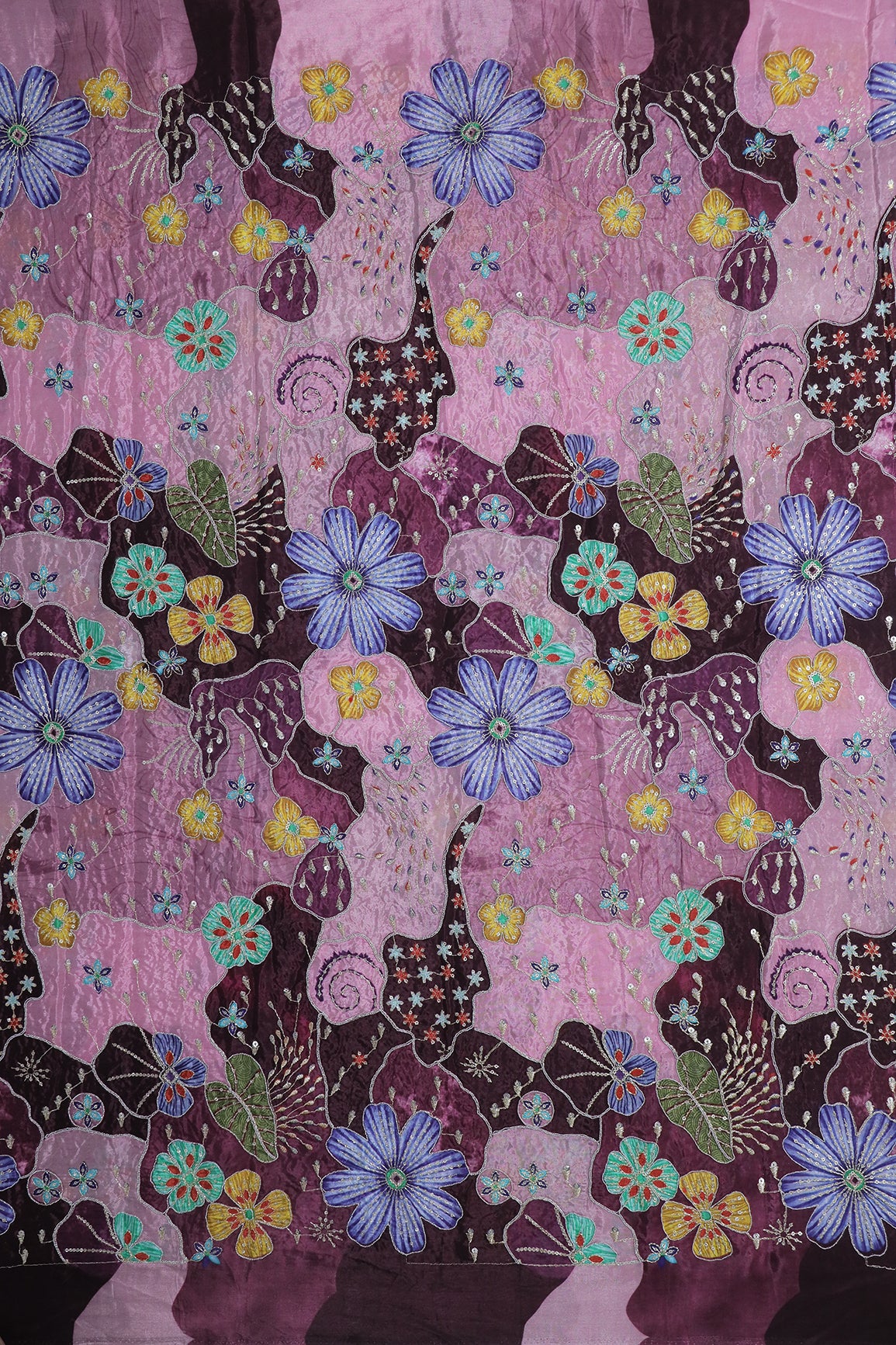 2.70 Meter Cut Piece Of Floral Position Print On Sequins With Zari Embroidery On Purple Onion Pure Crepe Fabric