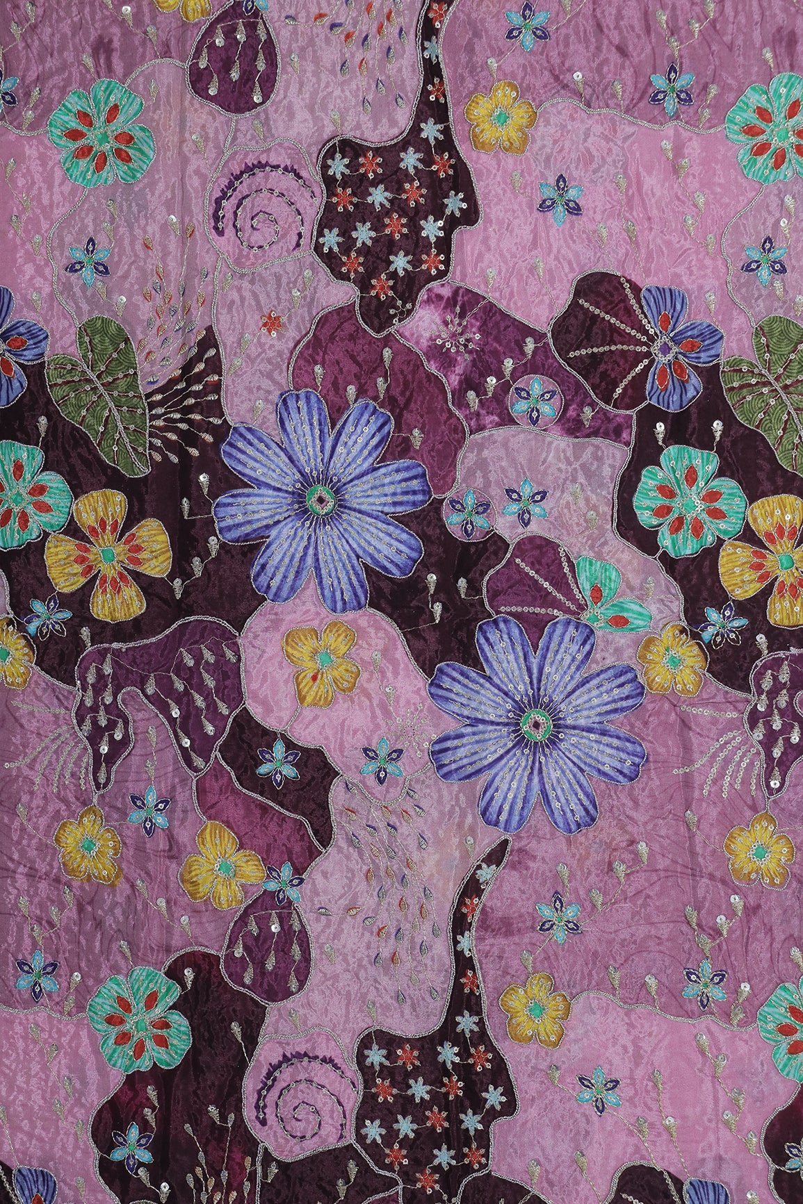 2.70 Meter Cut Piece Of Floral Position Print On Sequins With Zari Embroidery On Purple Onion Pure Crepe Fabric