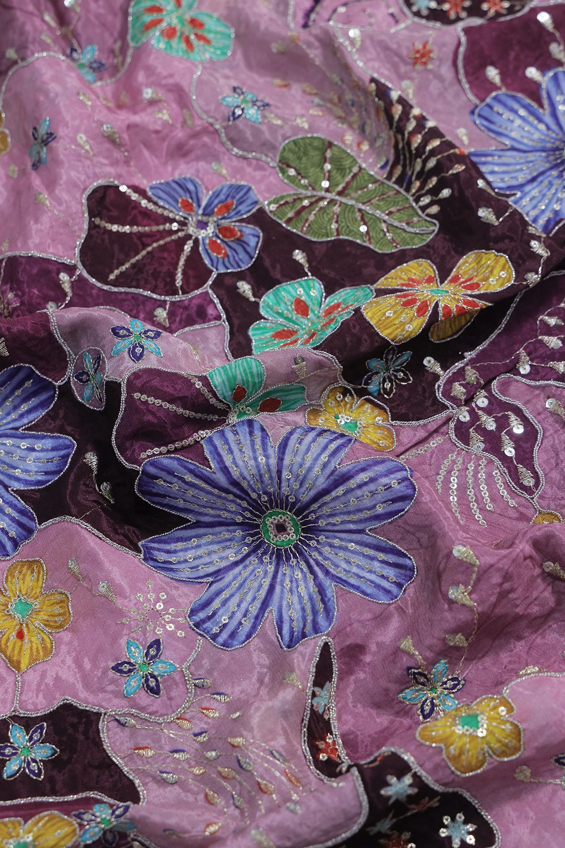 2.70 Meter Cut Piece Of Floral Position Print On Sequins With Zari Embroidery On Purple Onion Pure Crepe Fabric