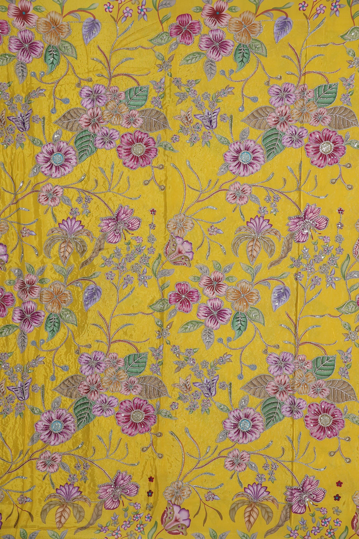 1.6 Meter Cut Piece Of Floral Position Print On Sequins With Zari Embroidery On Yellow Pure Crepe Fabric