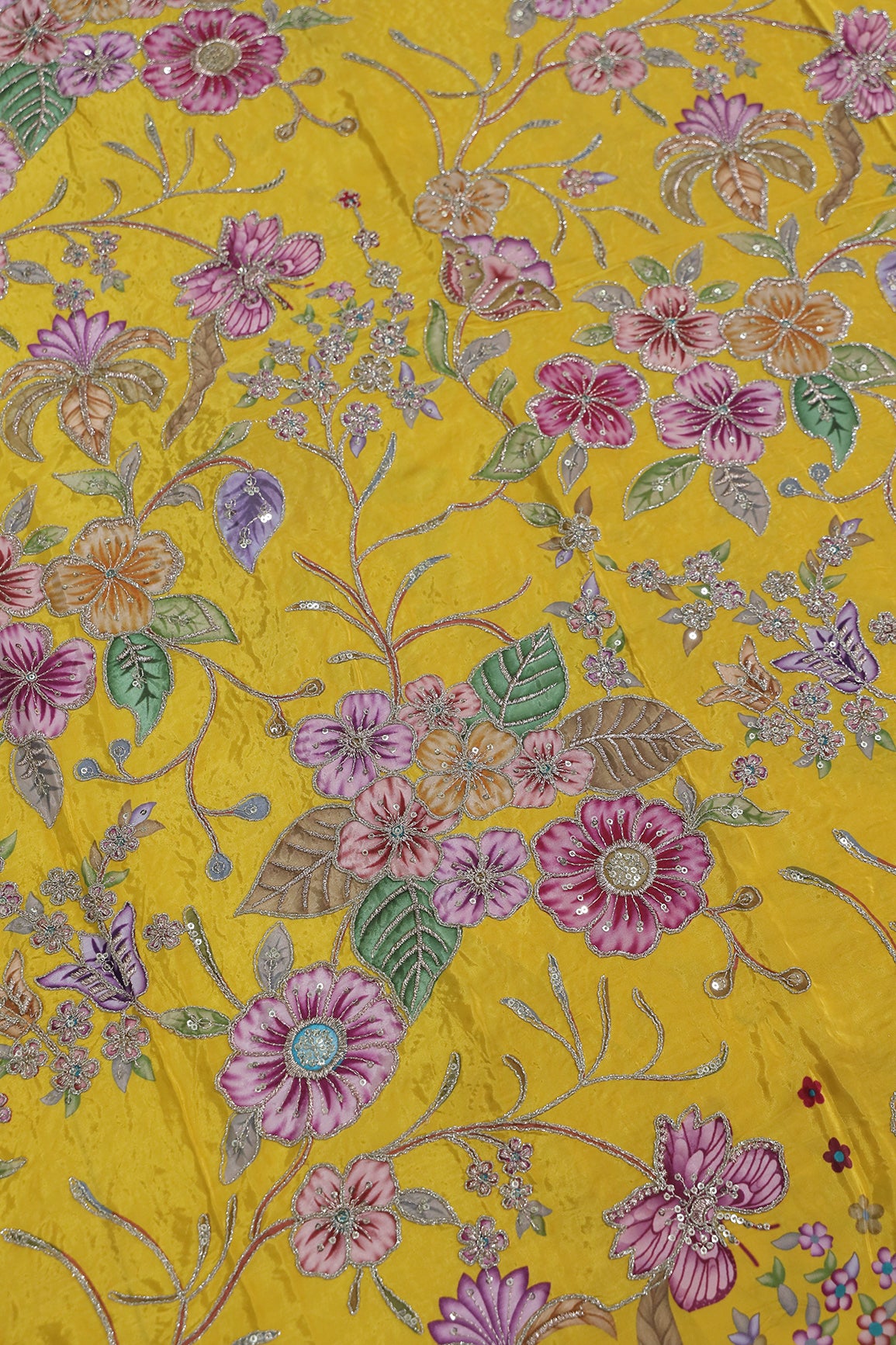 1.6 Meter Cut Piece Of Floral Position Print On Sequins With Zari Embroidery On Yellow Pure Crepe Fabric