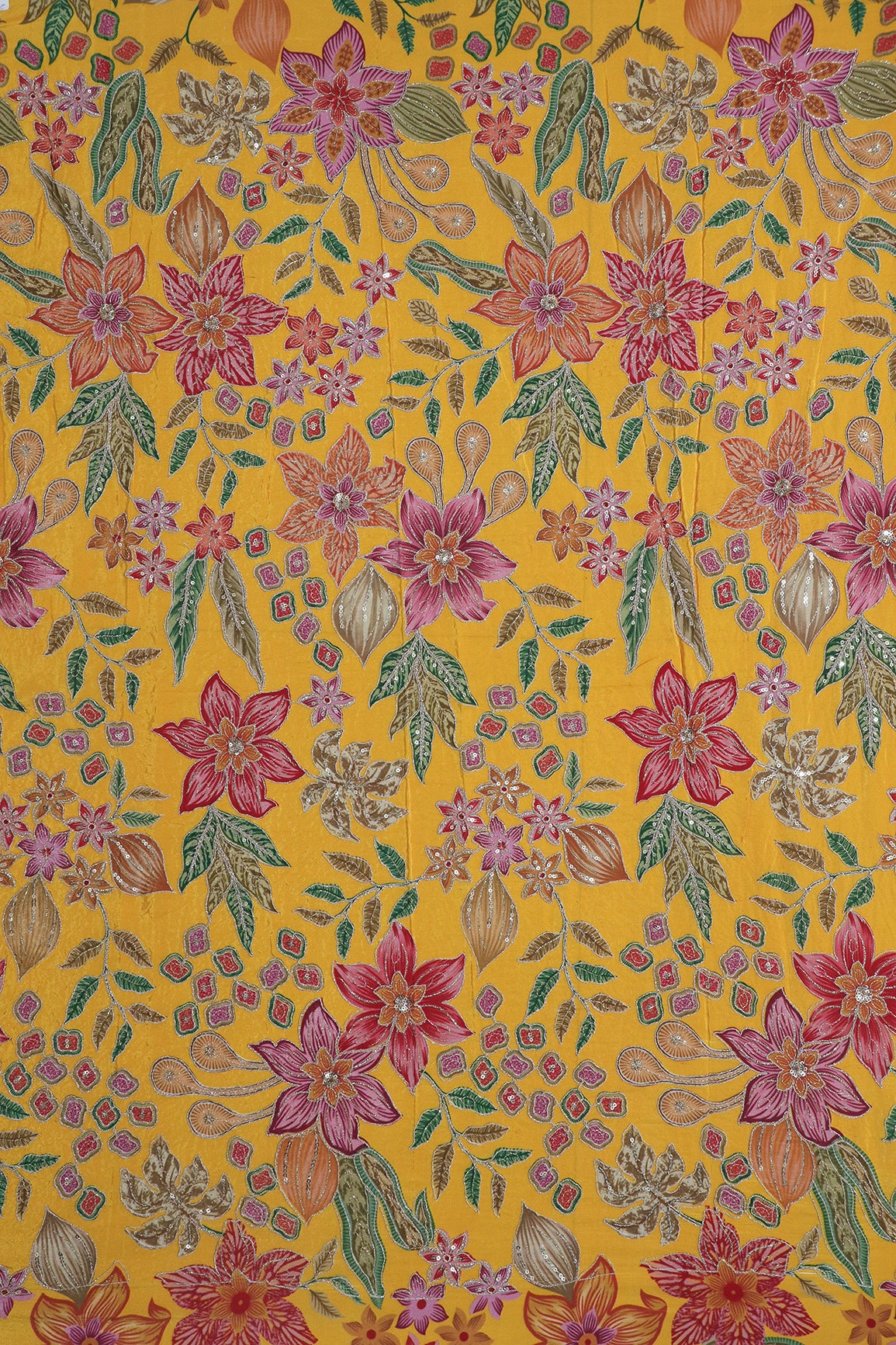 1.50 Meter Cut Piece Of Floral Position Print On Sequins With Zari Embroidery On Mustard Yellow Pure Crepe Fabric