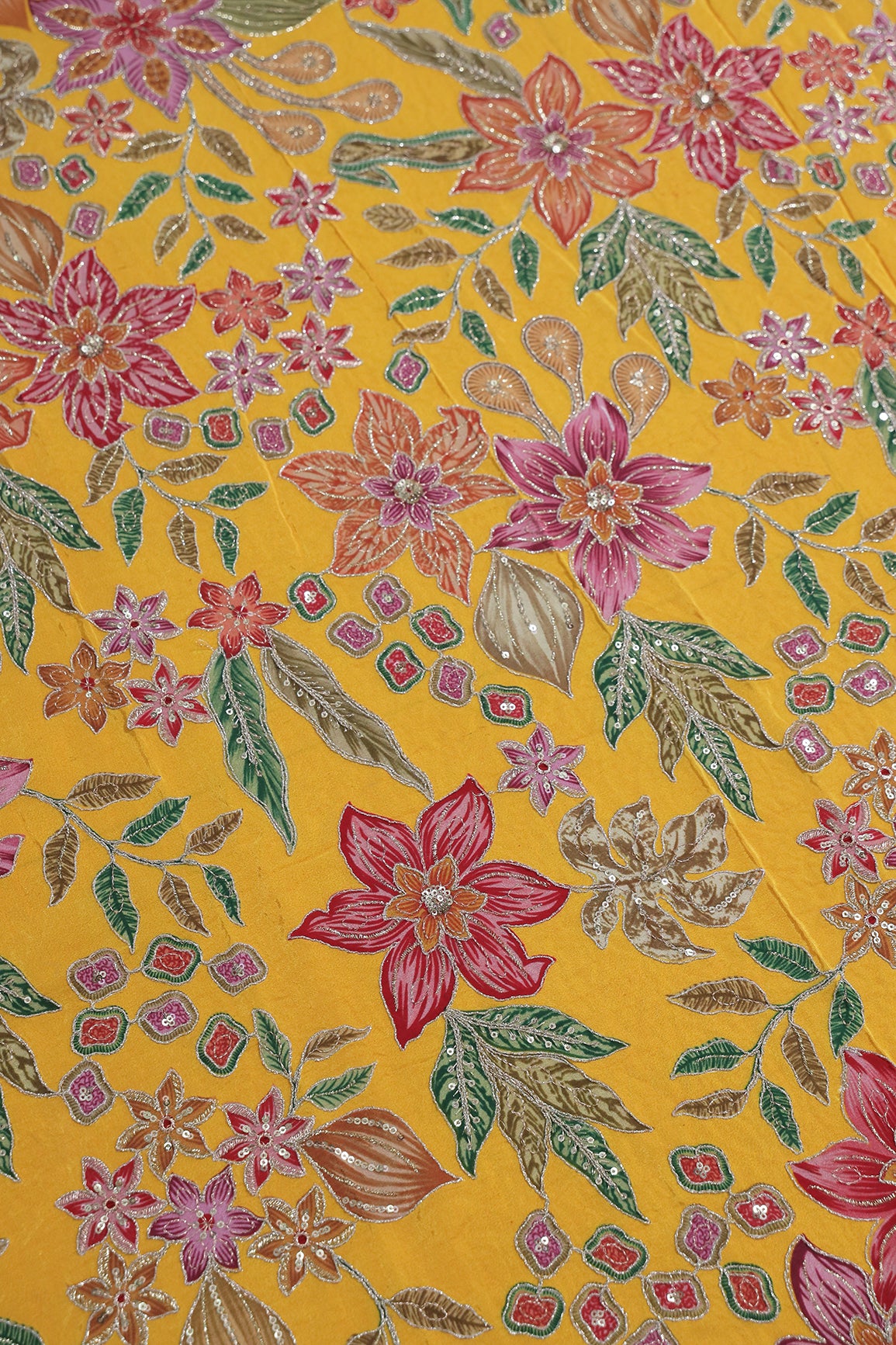 1.50 Meter Cut Piece Of Floral Position Print On Sequins With Zari Embroidery On Mustard Yellow Pure Crepe Fabric