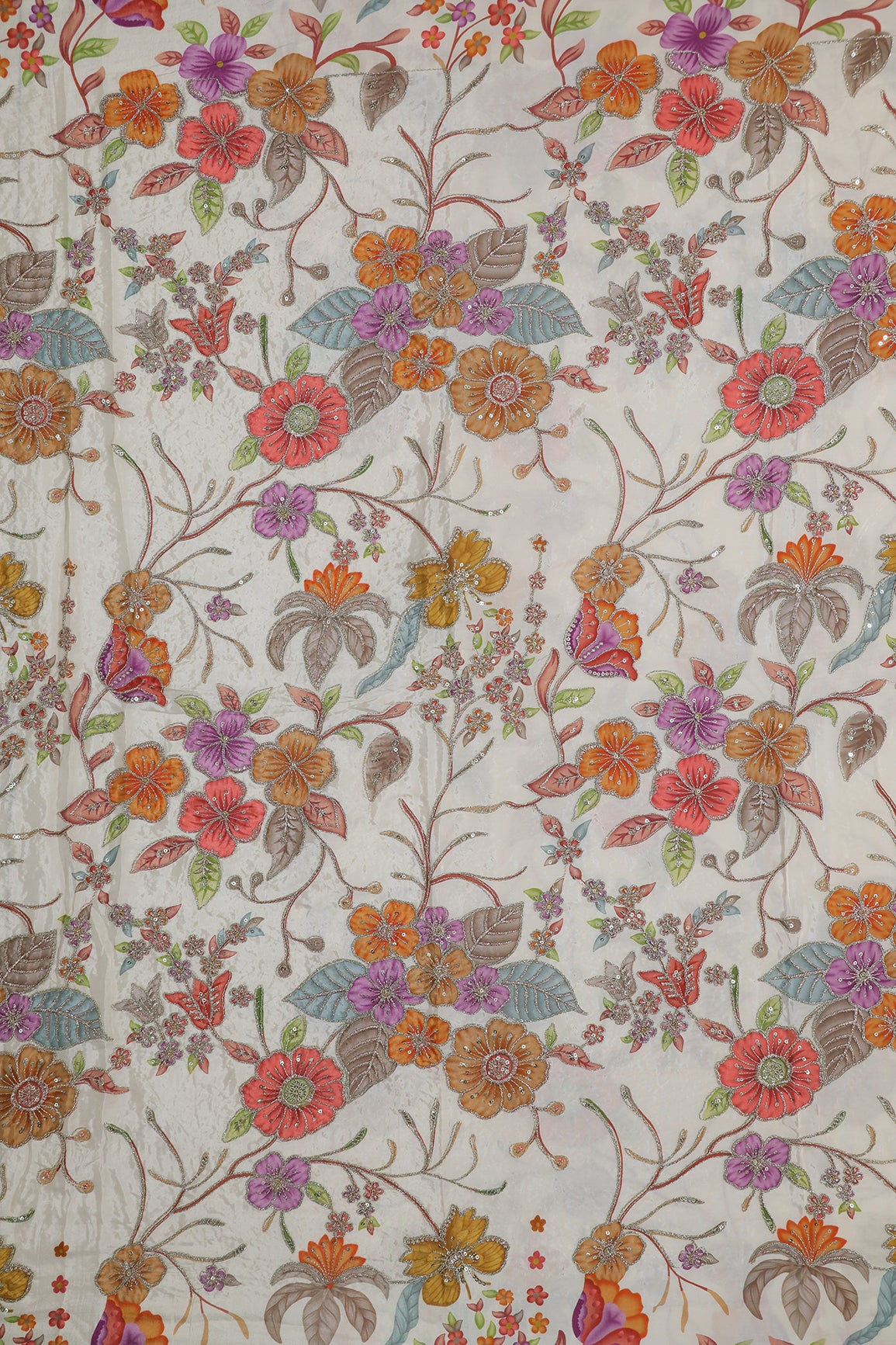 1.6 Meter Cut Piece Of Floral Position Print On Sequins With Zari Embroidery On Cream Pure Crepe Fabric