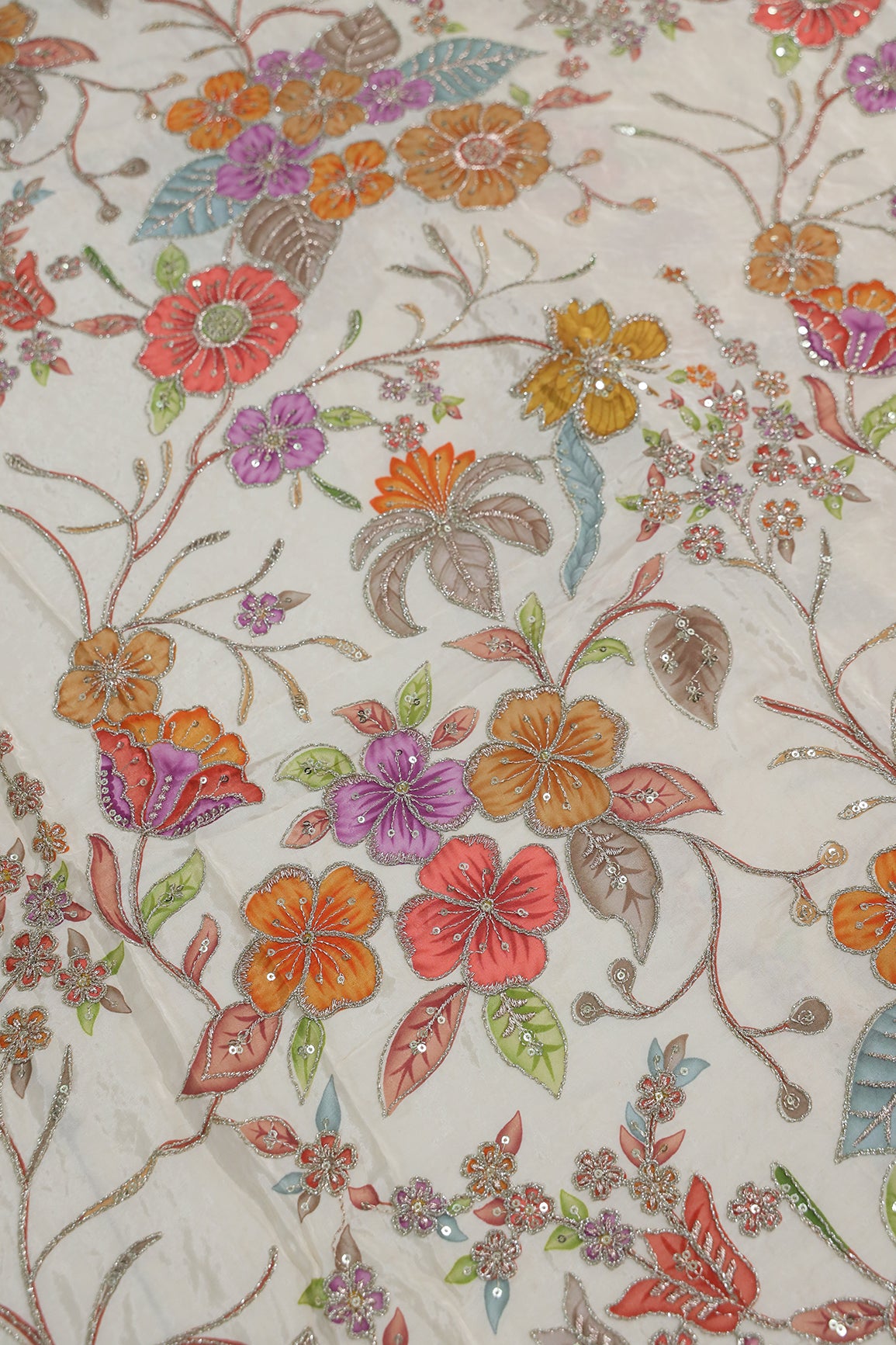 1.6 Meter Cut Piece Of Floral Position Print On Sequins With Zari Embroidery On Cream Pure Crepe Fabric