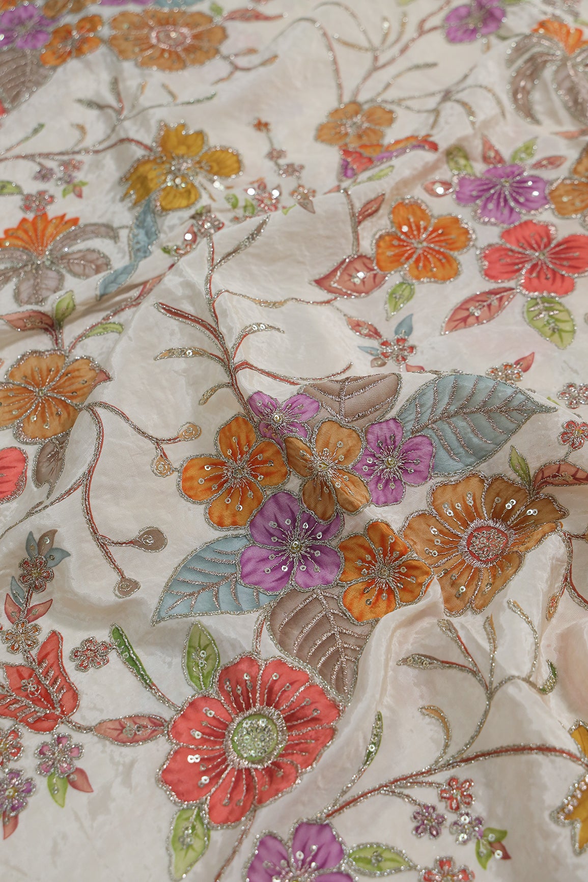 1.6 Meter Cut Piece Of Floral Position Print On Sequins With Zari Embroidery On Cream Pure Crepe Fabric
