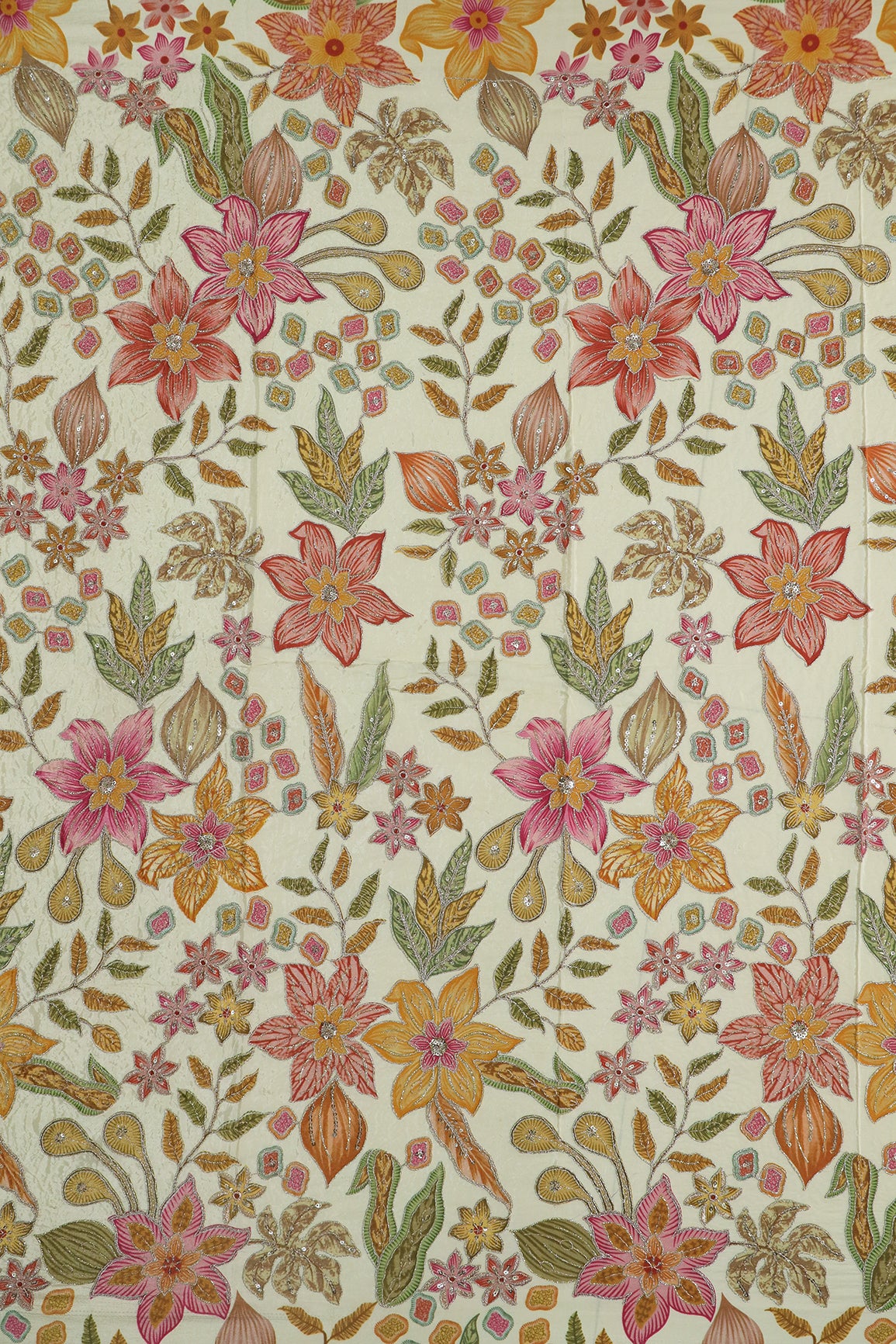 1.20 Meter Cut Piece Of Floral Position Print On Sequins With Zari Embroidery On Beige Pure Crepe Fabric