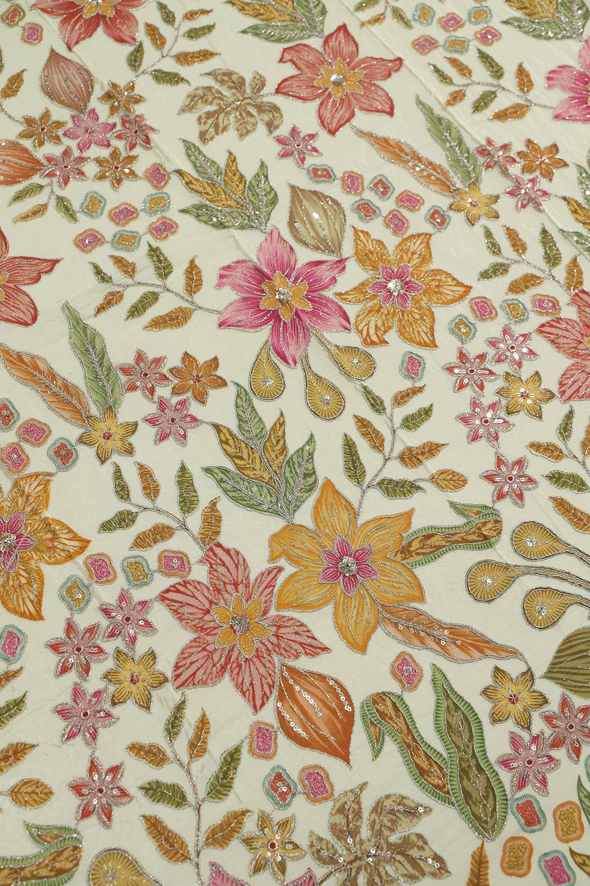 1.20 Meter Cut Piece Of Floral Position Print On Sequins With Zari Embroidery On Beige Pure Crepe Fabric