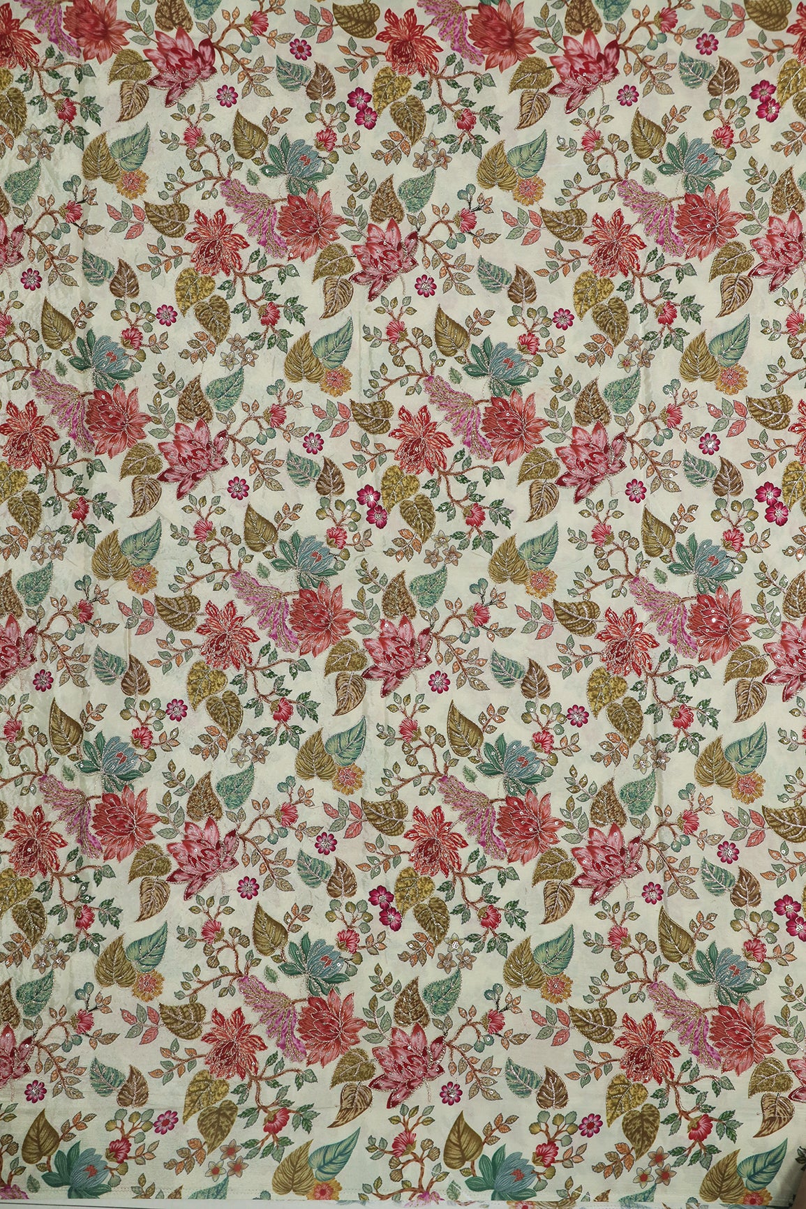 1.50 Meter Cut Piece Of Floral Position Print On Sequins With Zari Embroidery On Cream Pure Crepe Fabric