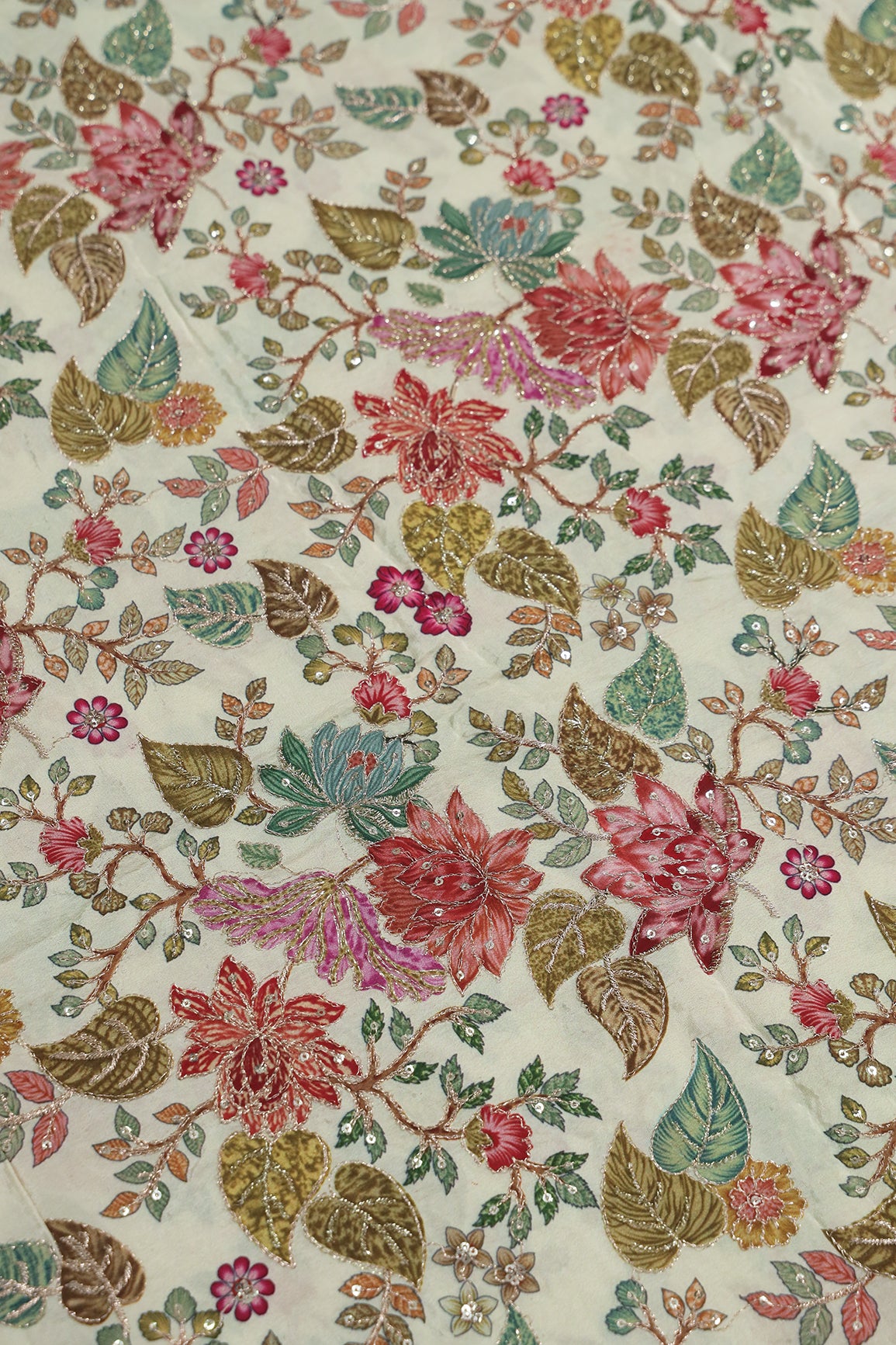 1.50 Meter Cut Piece Of Floral Position Print On Sequins With Zari Embroidery On Cream Pure Crepe Fabric