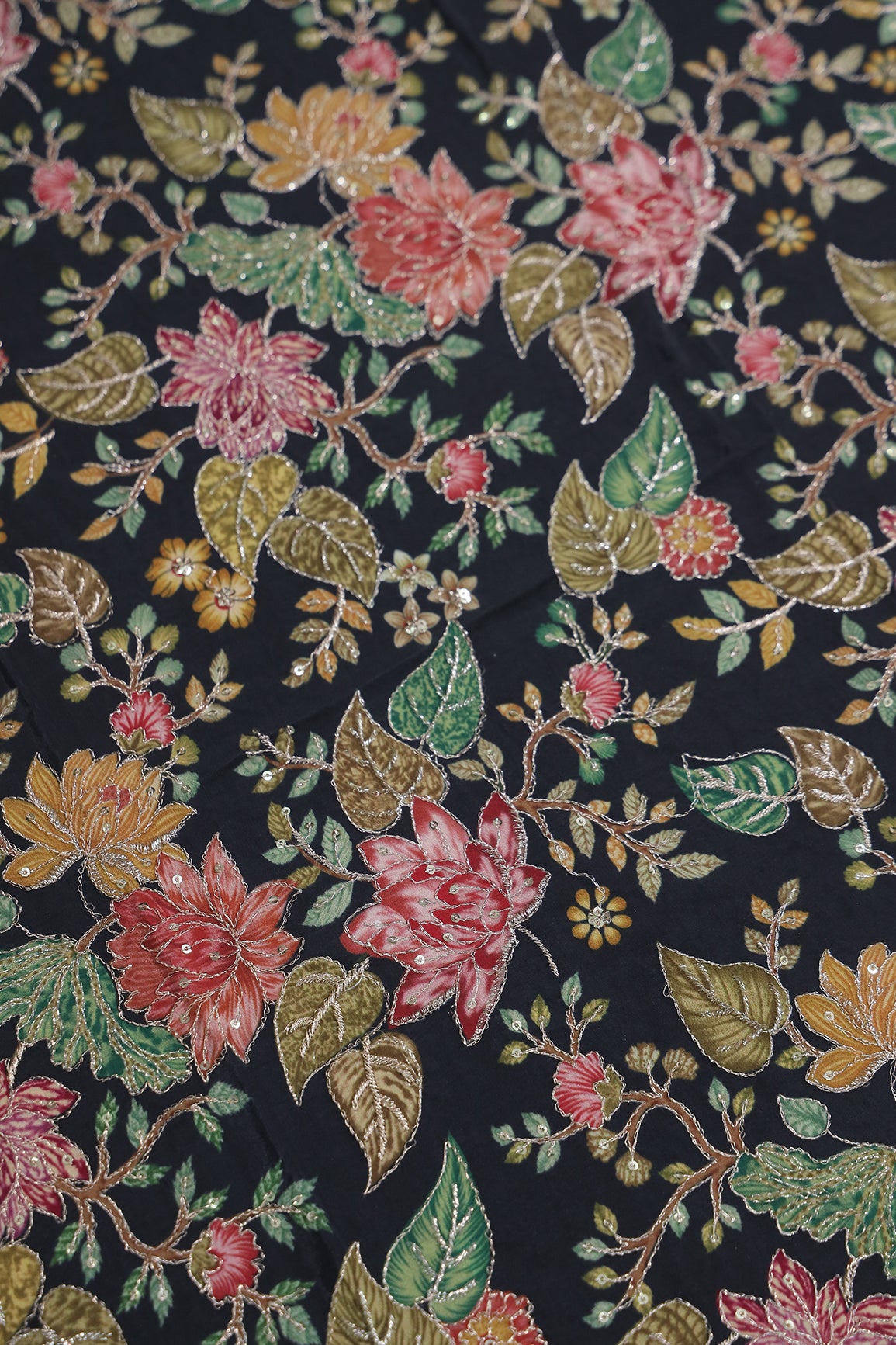0.90 Meter Cut Piece Of Floral Position Print On Sequins With Zari Embroidery On Black Pure Crepe Fabric
